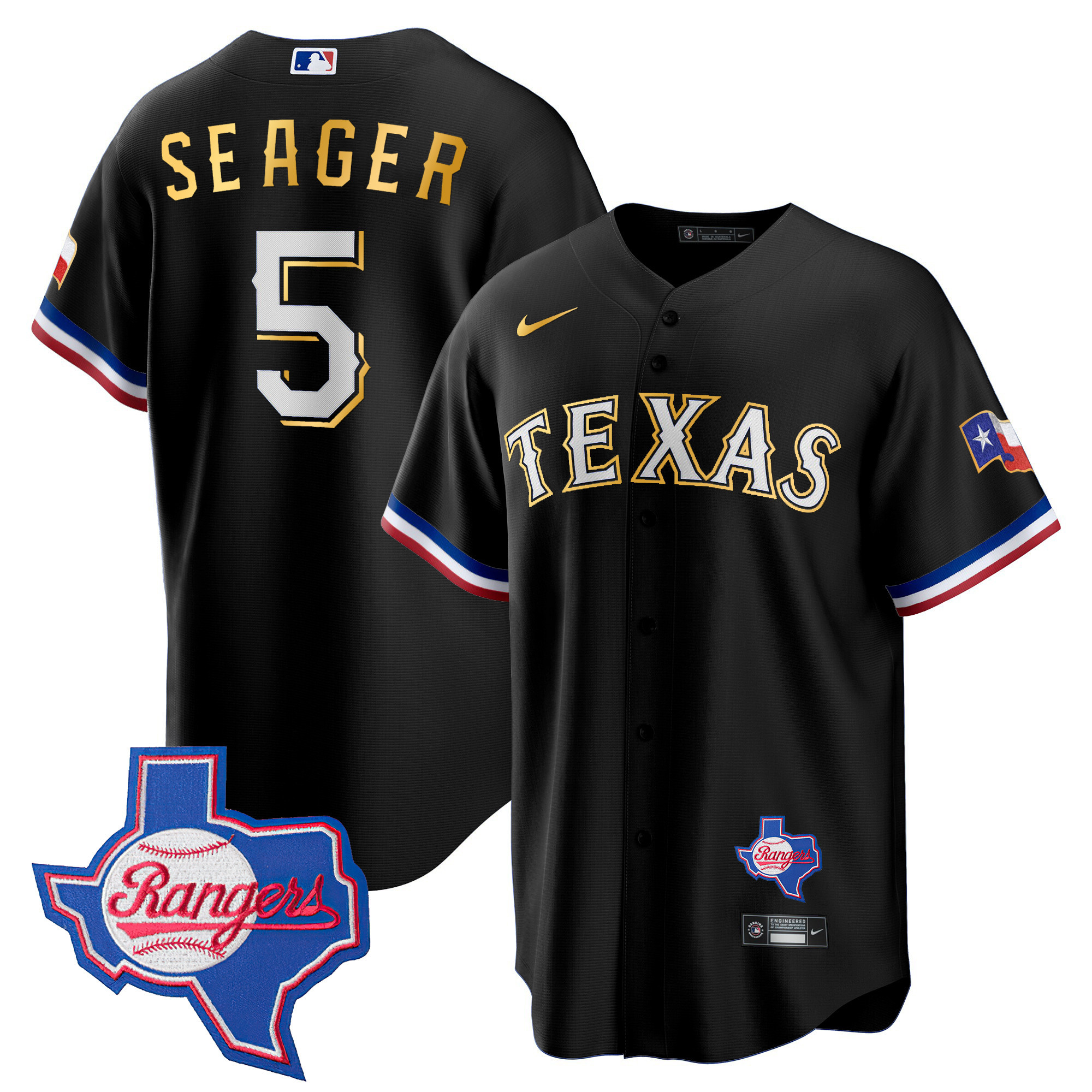 Corey Seager Men's Texas Rangers Gold Trim Cool Base - Texas Patch Black Jersey - All Stitched
