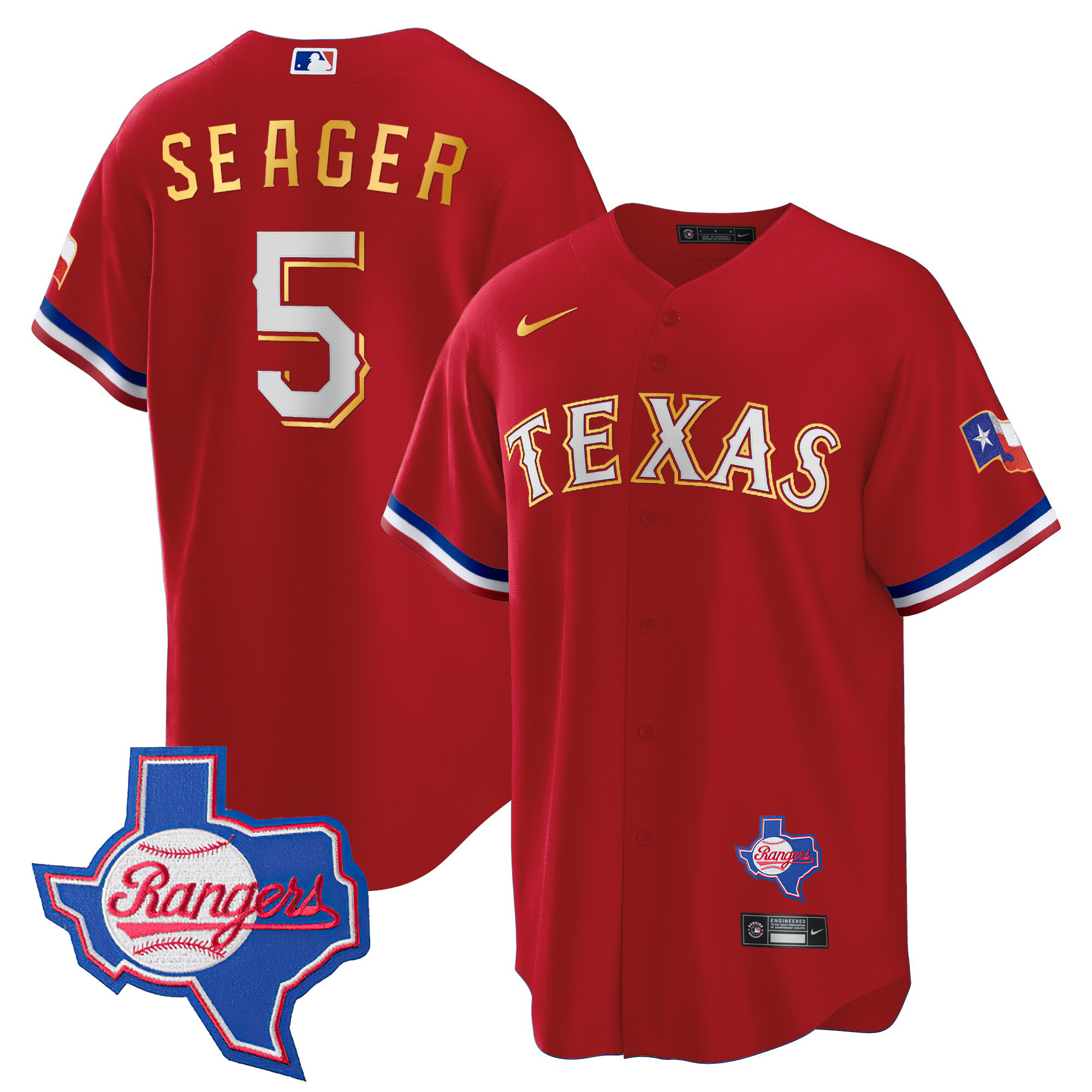 Corey Seager Men's Texas Rangers Gold Trim Cool Base - Texas Patch Red Jersey - All Stitched