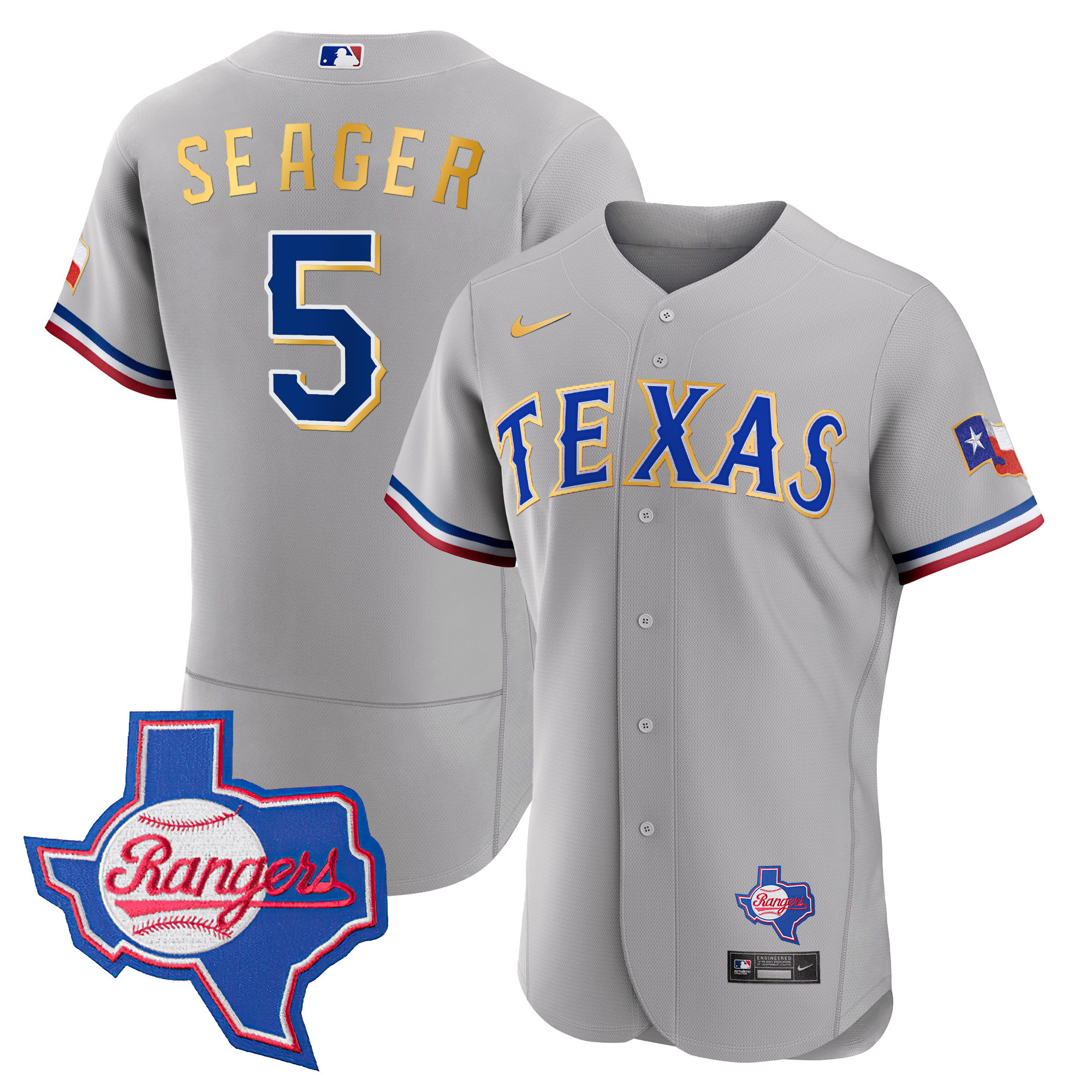 Corey Seager Men's Texas Rangers Gold Trim Flex Base - Texas Patch Gray Jersey - All Stitched