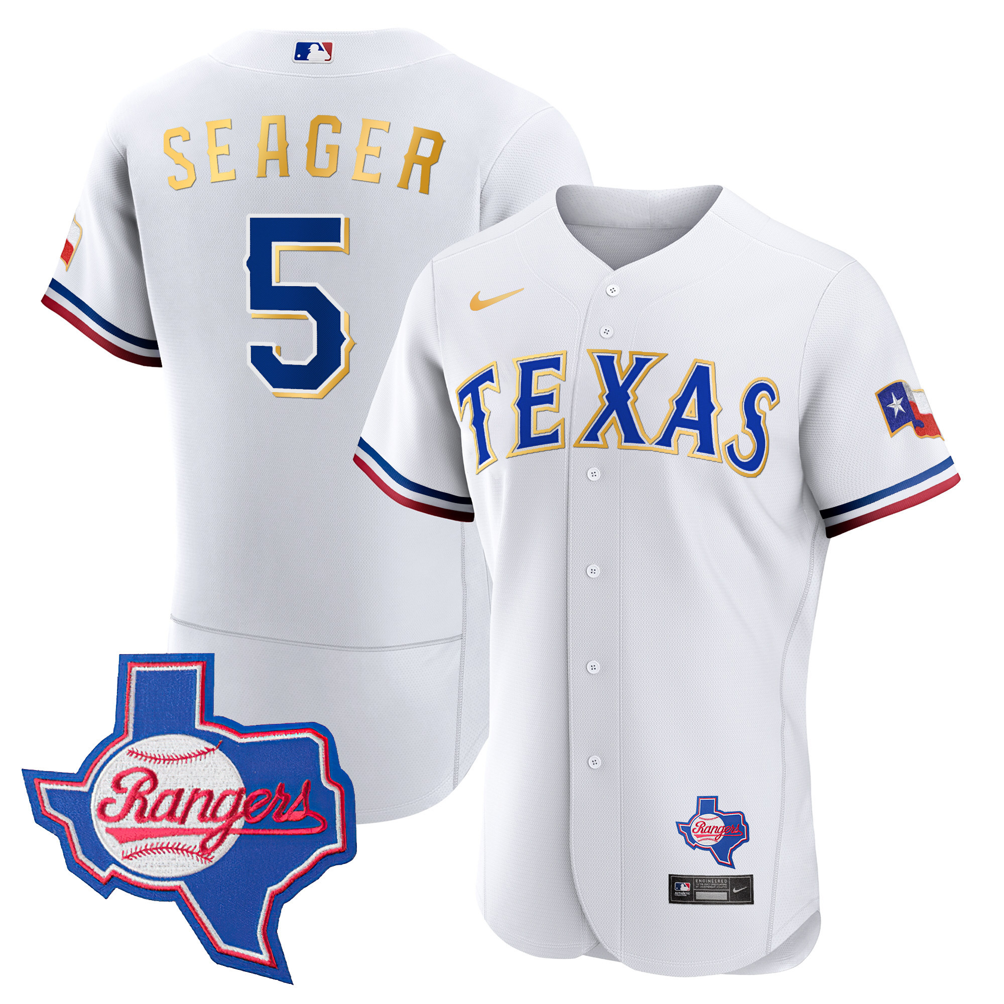 Corey Seager Men's Texas Rangers Gold Trim Flex Base - Texas Patch White Jersey - All Stitched