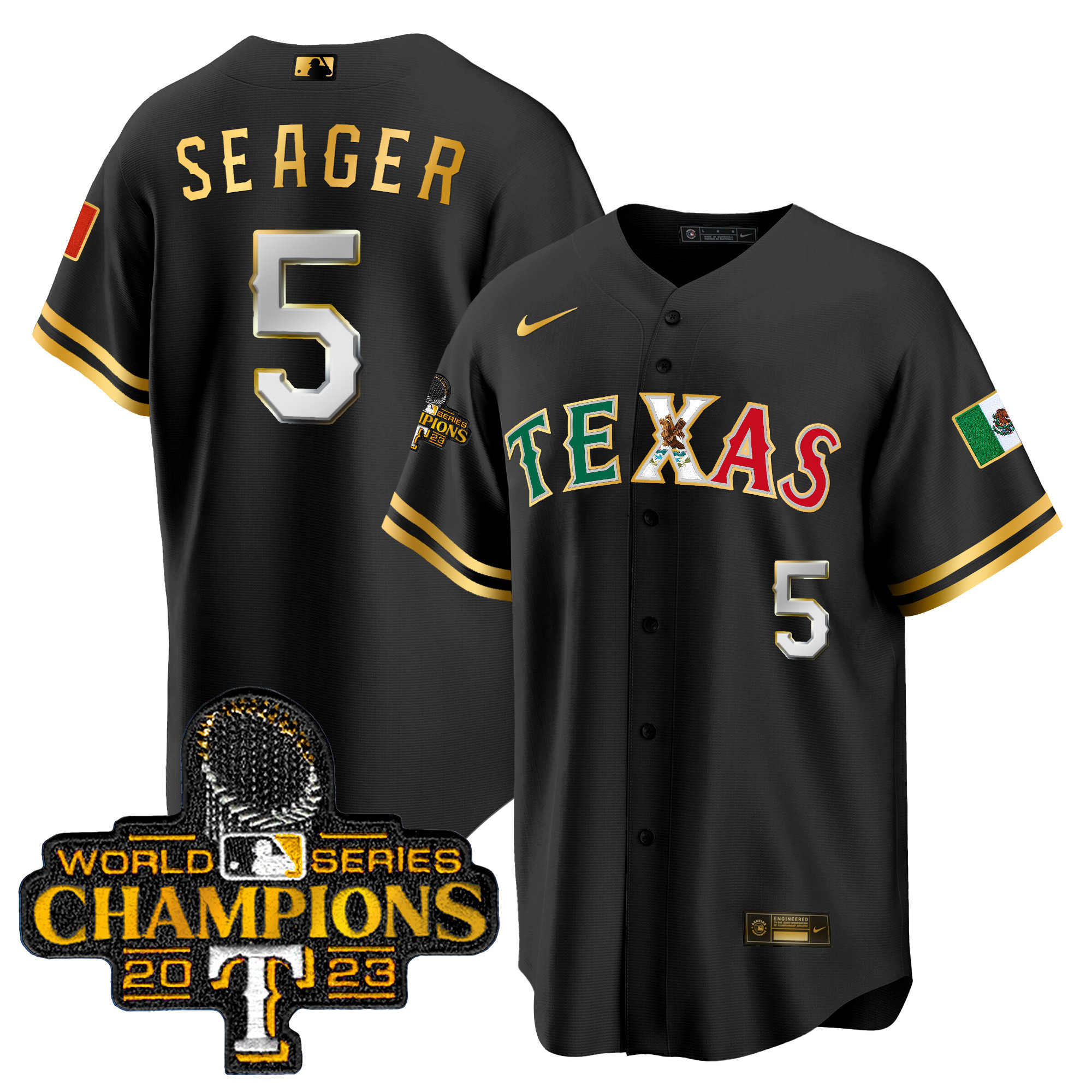 Corey Seager Men's Texas Rangers Mexico 2023 World Series Champions Baseball Black Gold Jersey - All Stitched