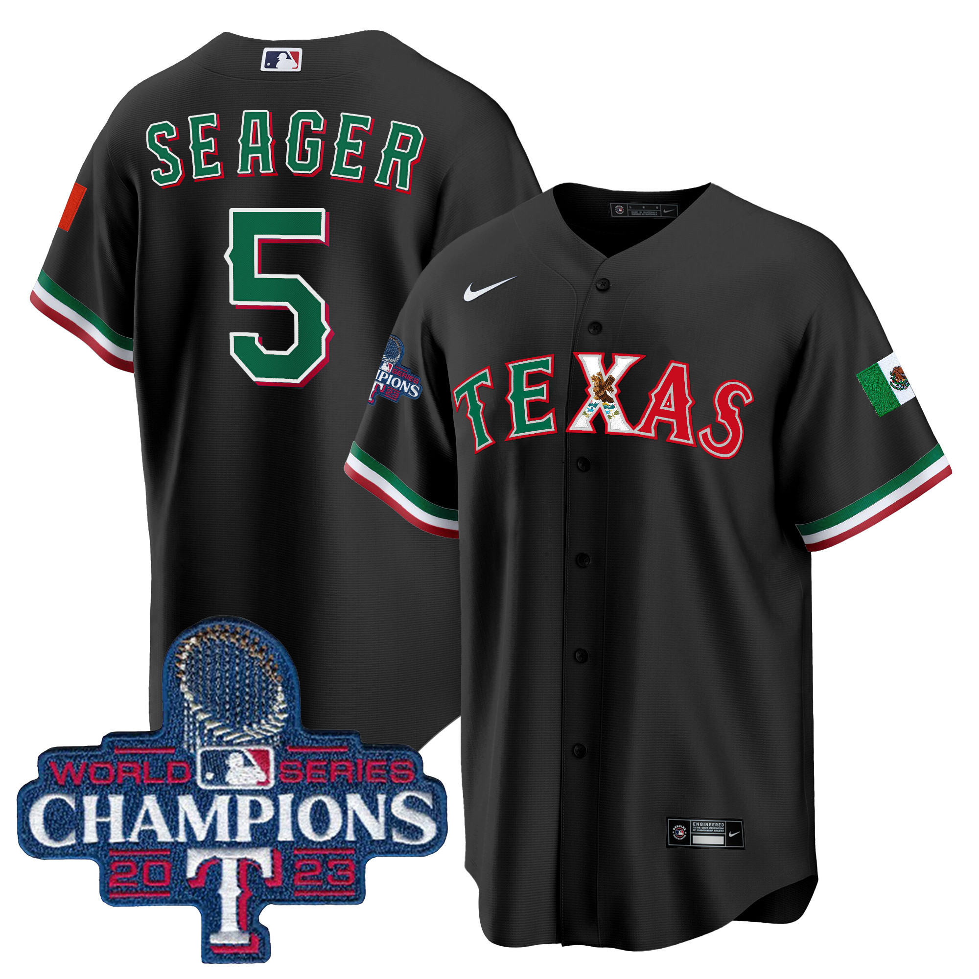 Corey Seager Men's Texas Rangers Mexico 2023 World Series Champions Baseball Black Jersey - All Stitched