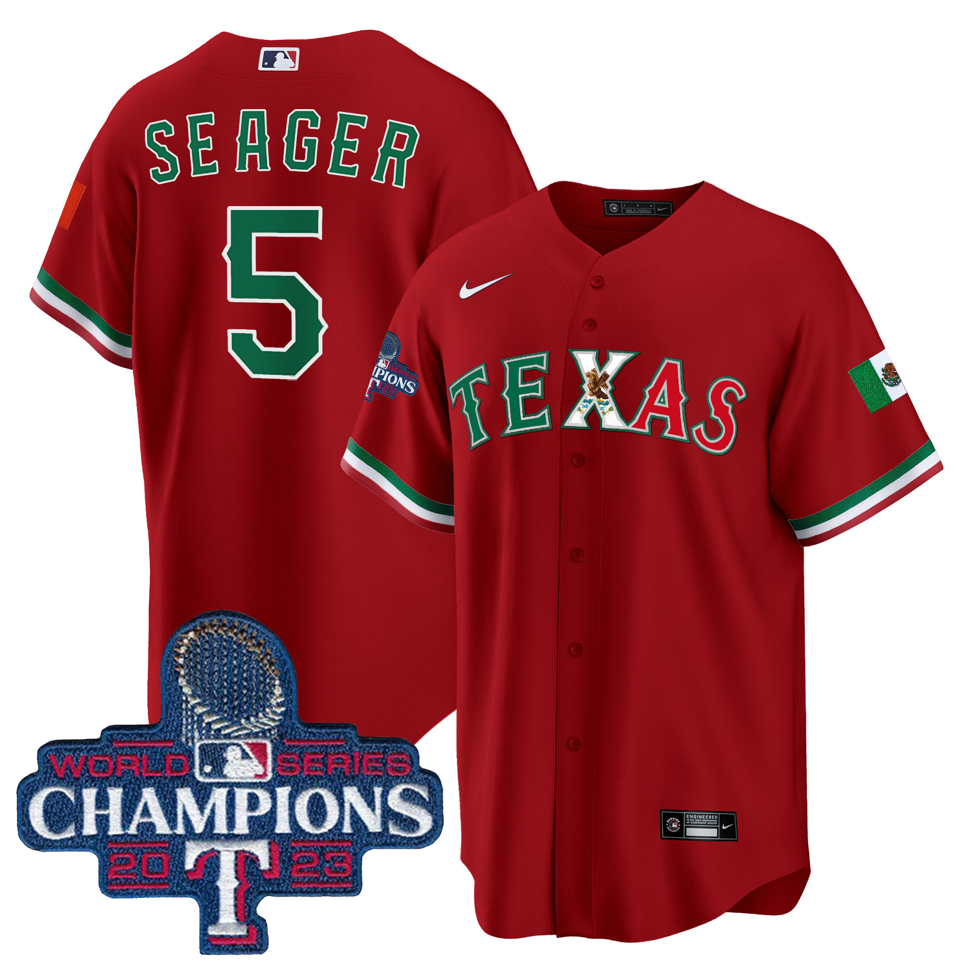 Corey Seager Men's Texas Rangers Mexico 2023 World Series Champions Baseball Red Jersey - All Stitched
