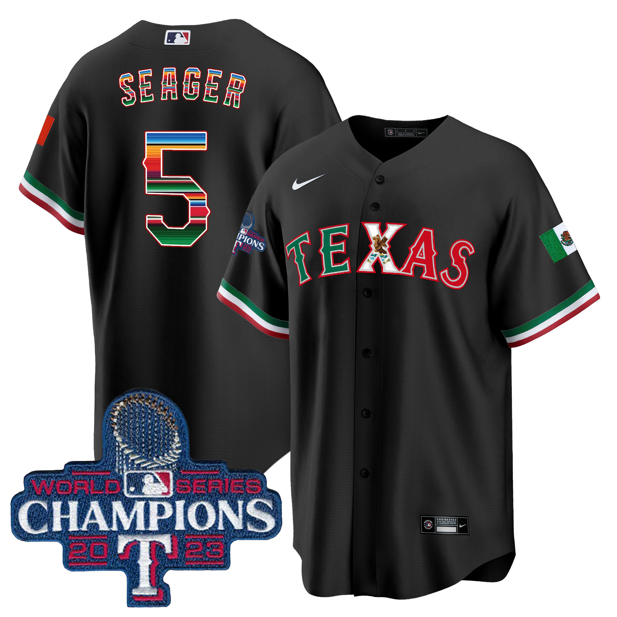 Corey Seager Men's Texas Rangers Mexico 2023 World Series Champions Baseball V2 Black Jersey - All Stitched