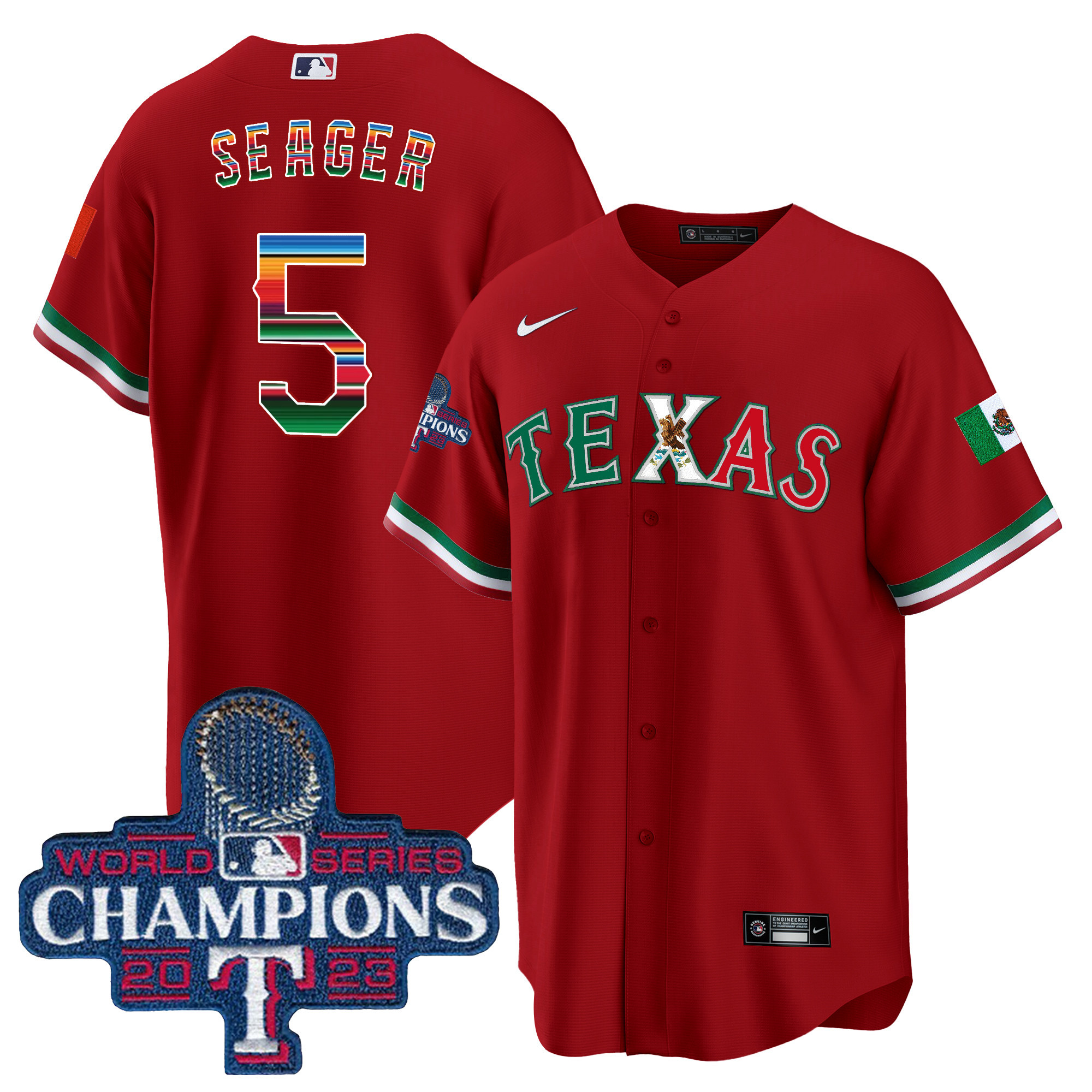 Corey Seager Men's Texas Rangers Mexico 2023 World Series Champions Baseball V2 Red Jersey - All Stitched