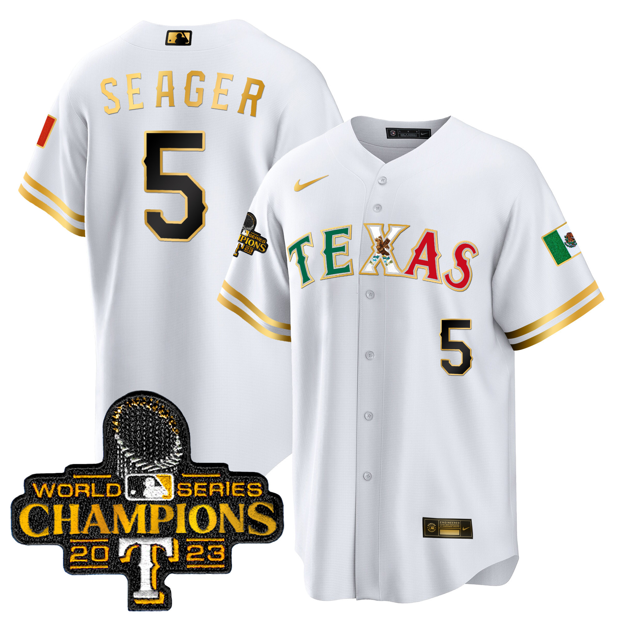 Corey Seager Men's Texas Rangers Mexico 2023 World Series Champions Baseball White Gold Jersey - All Stitched