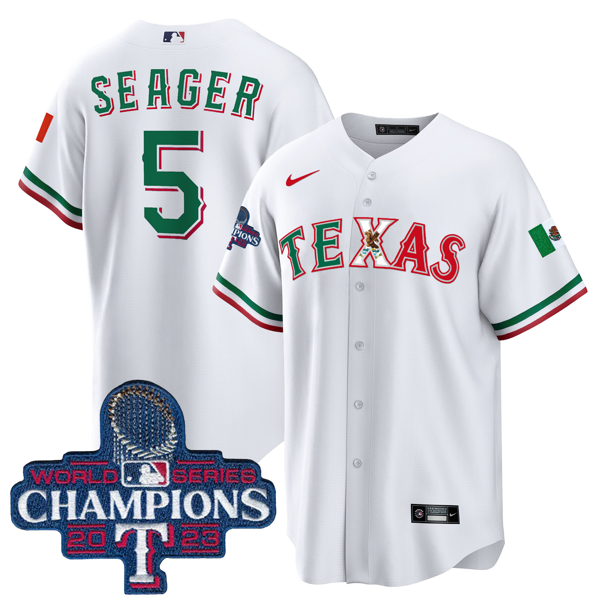 Corey Seager Men's Texas Rangers Mexico 2023 World Series Champions Baseball White Jersey - All Stitched