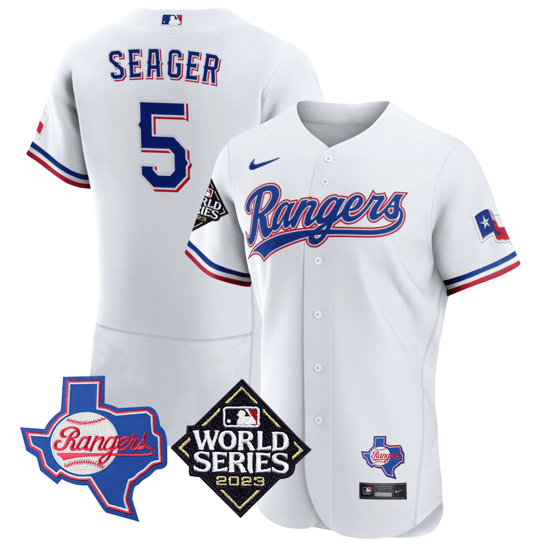 Corey Seager Men's Texas Rangers Texas State & 2023 World Series Patch White Jersey - All Stitched