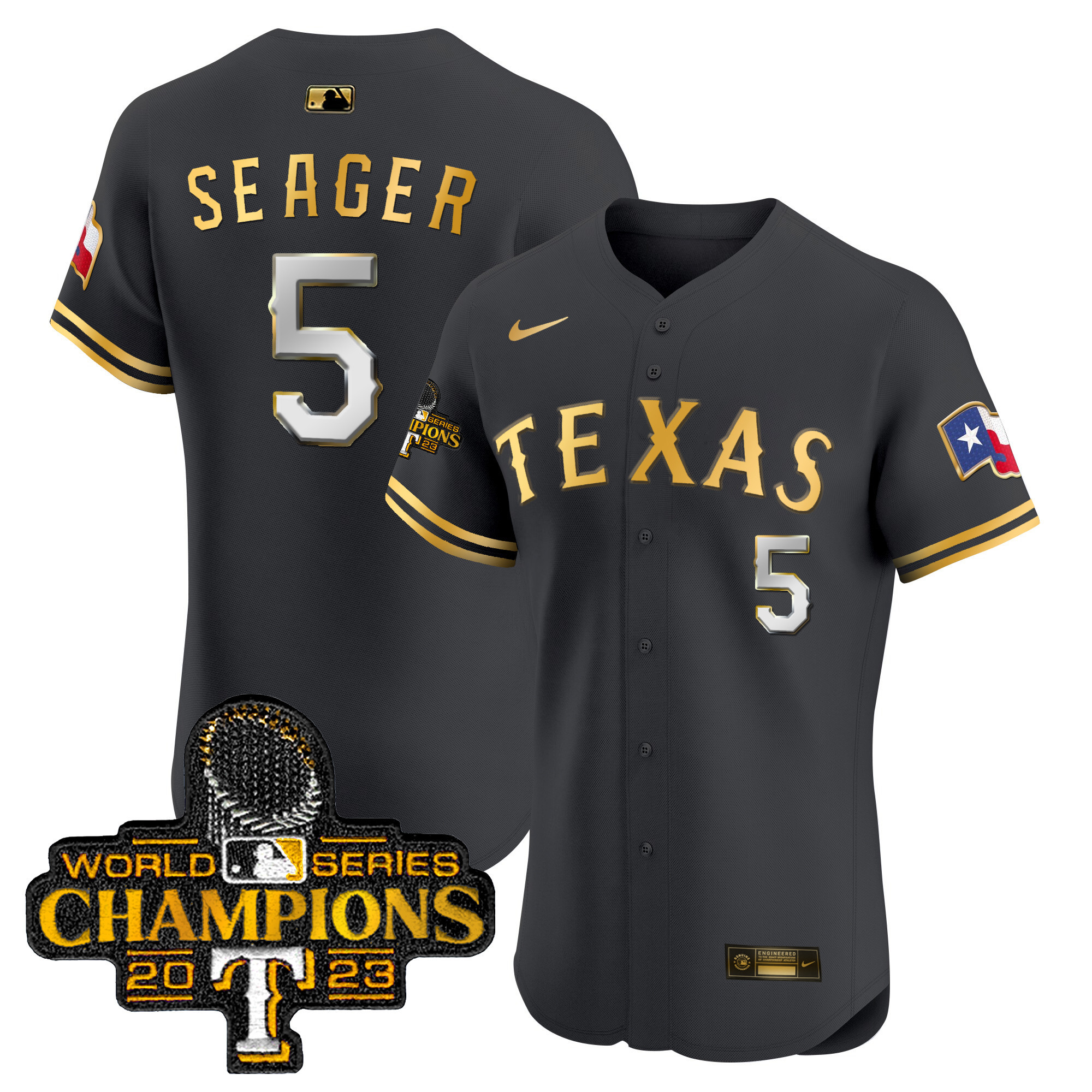 Corey Seager Men's Texas Rangers World Series Champions Vapor Premier Elite Black Gold Jersey - All Stitched