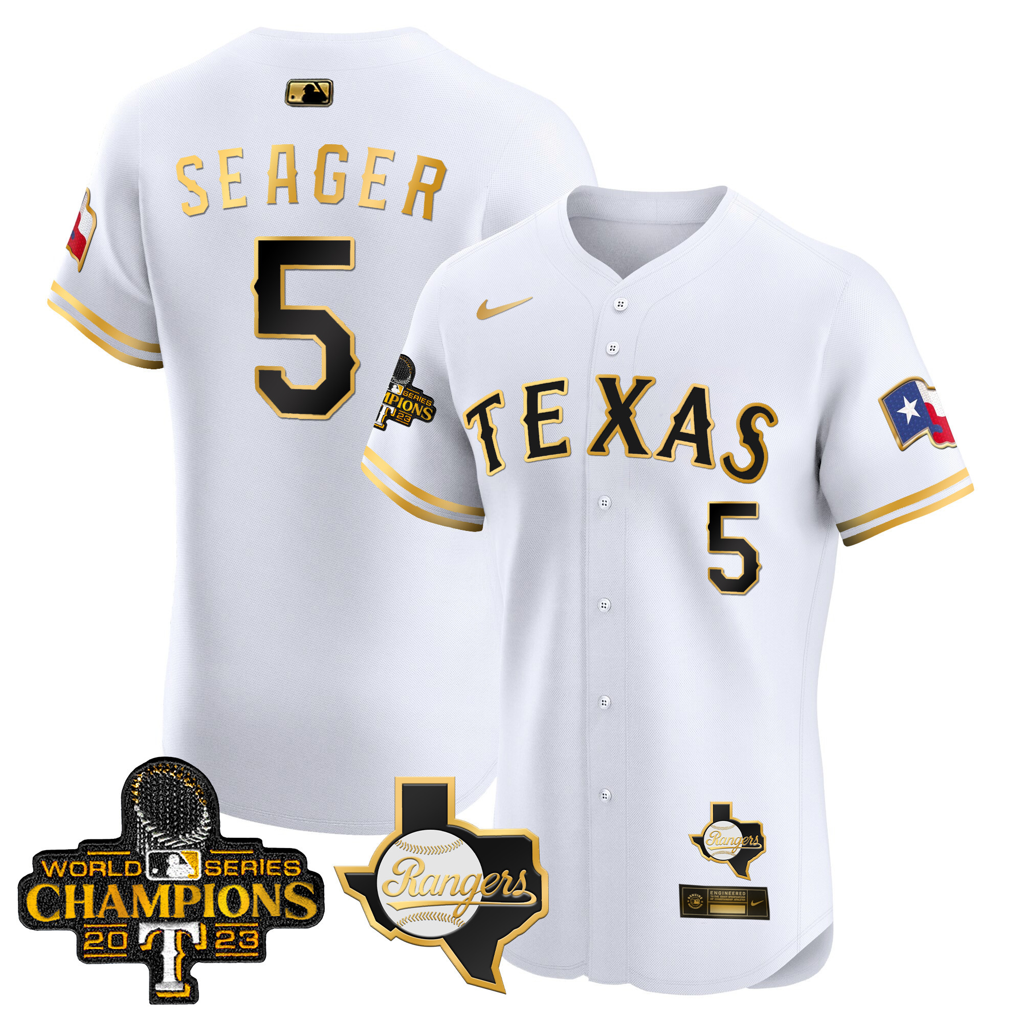 Corey Seager Men's Texas Rangers World Series Champions Vapor Premier Elite V2 White Gold Jersey - All Stitched