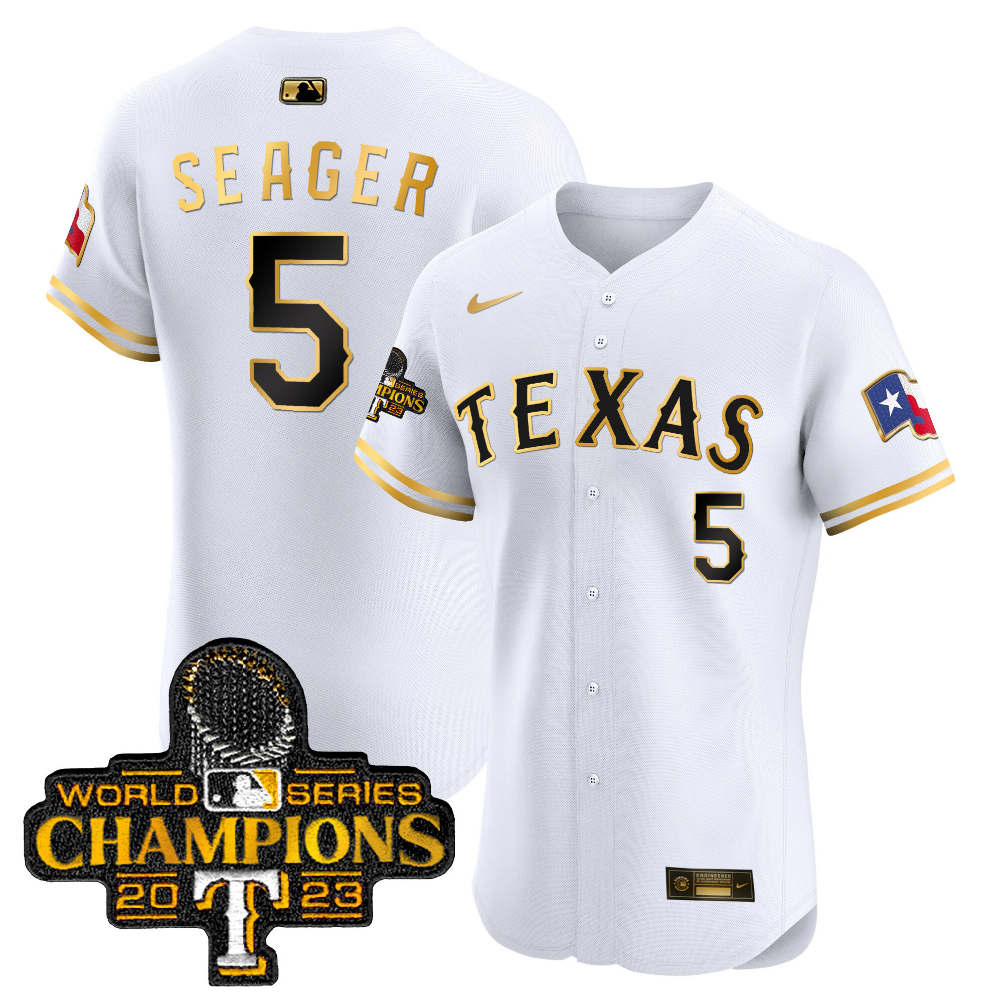 Corey Seager Men's Texas Rangers World Series Champions Vapor Premier Elite White Gold Jersey - All Stitched