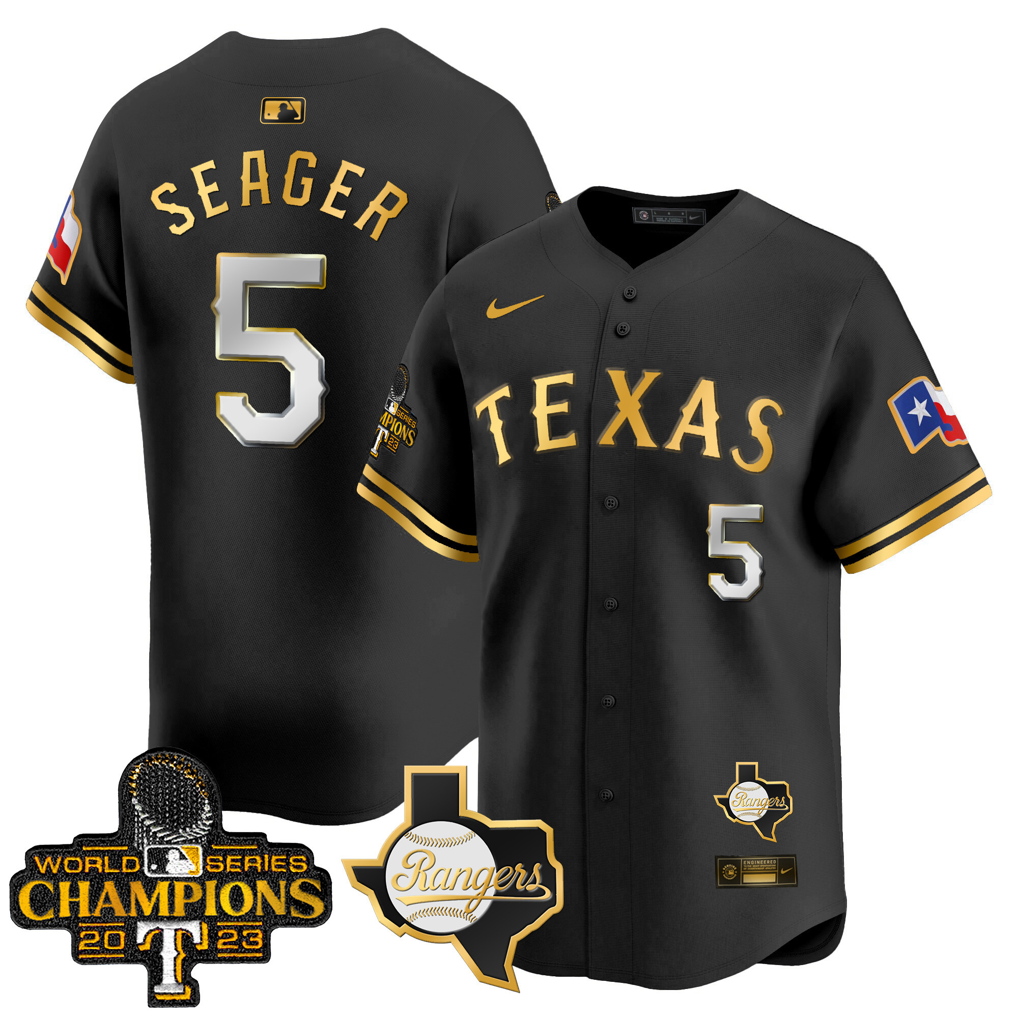 Corey Seager Men's Texas Rangers World Series Champions Vapor Premier Limited V2 Black Gold Jersey - All Stitched