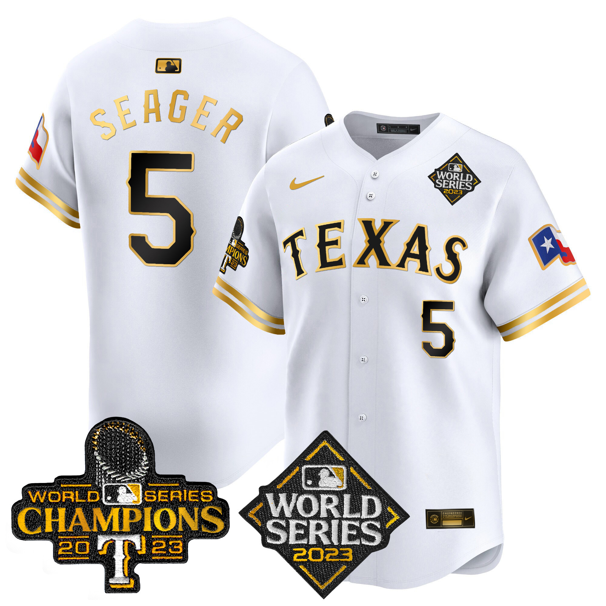 Corey Seager Men's Texas Rangers World Series Champions Vapor Premier Limited V4 White Gold Jersey - All Stitched