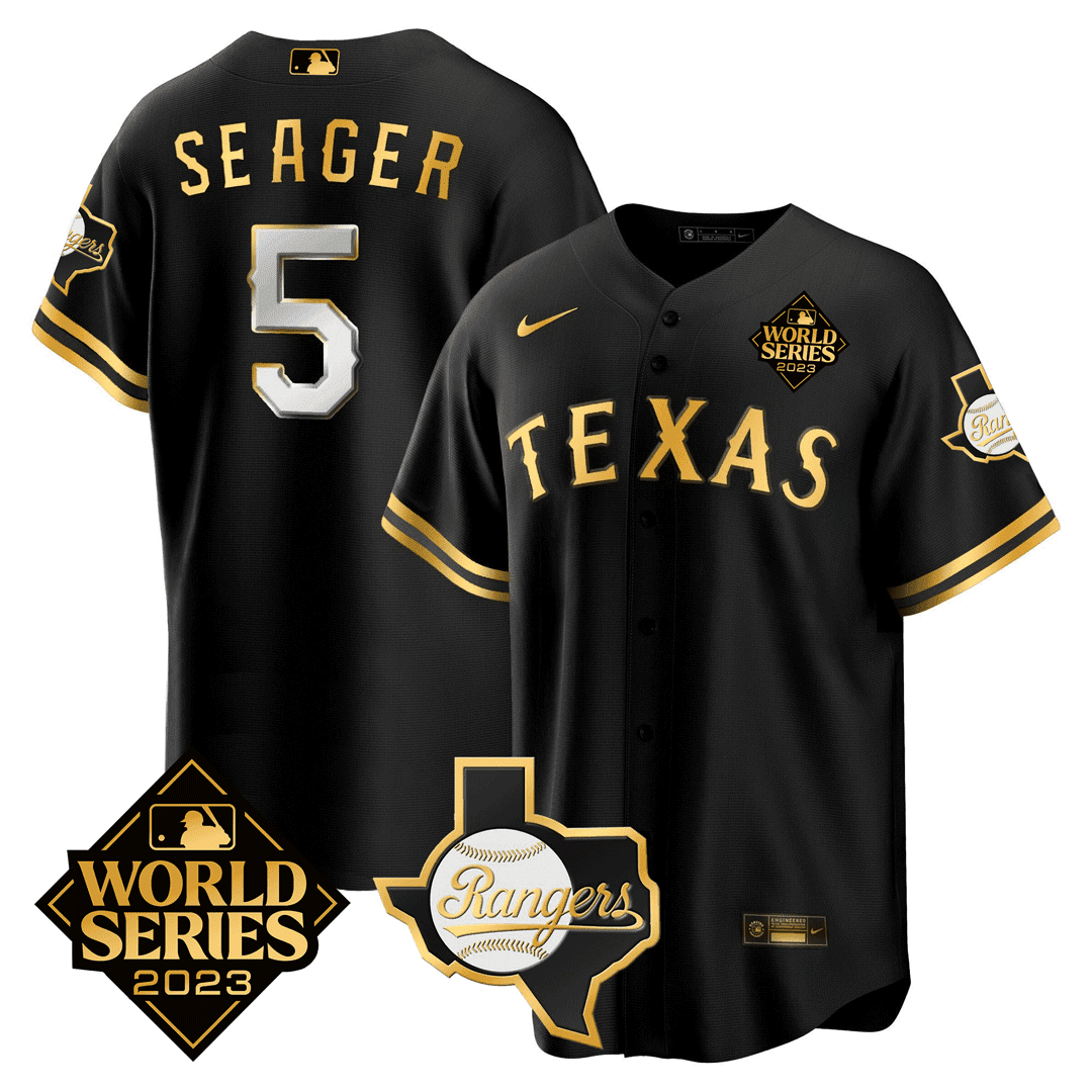 Corey Seager Texas Rangers 2023 World Series & Texas State Patch Gold Black Gold Jersey - All Stitched
