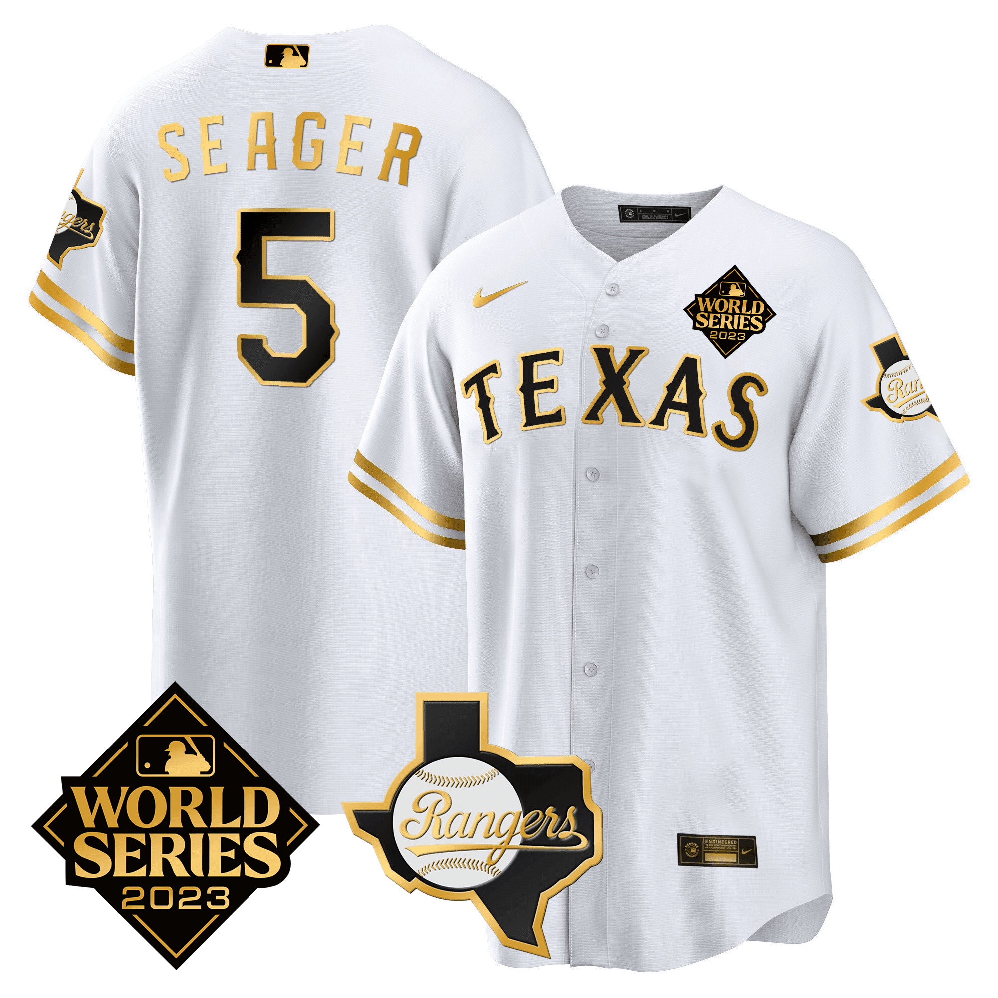 Corey Seager Texas Rangers 2023 World Series & Texas State Patch Gold White Gold Jersey - All Stitched