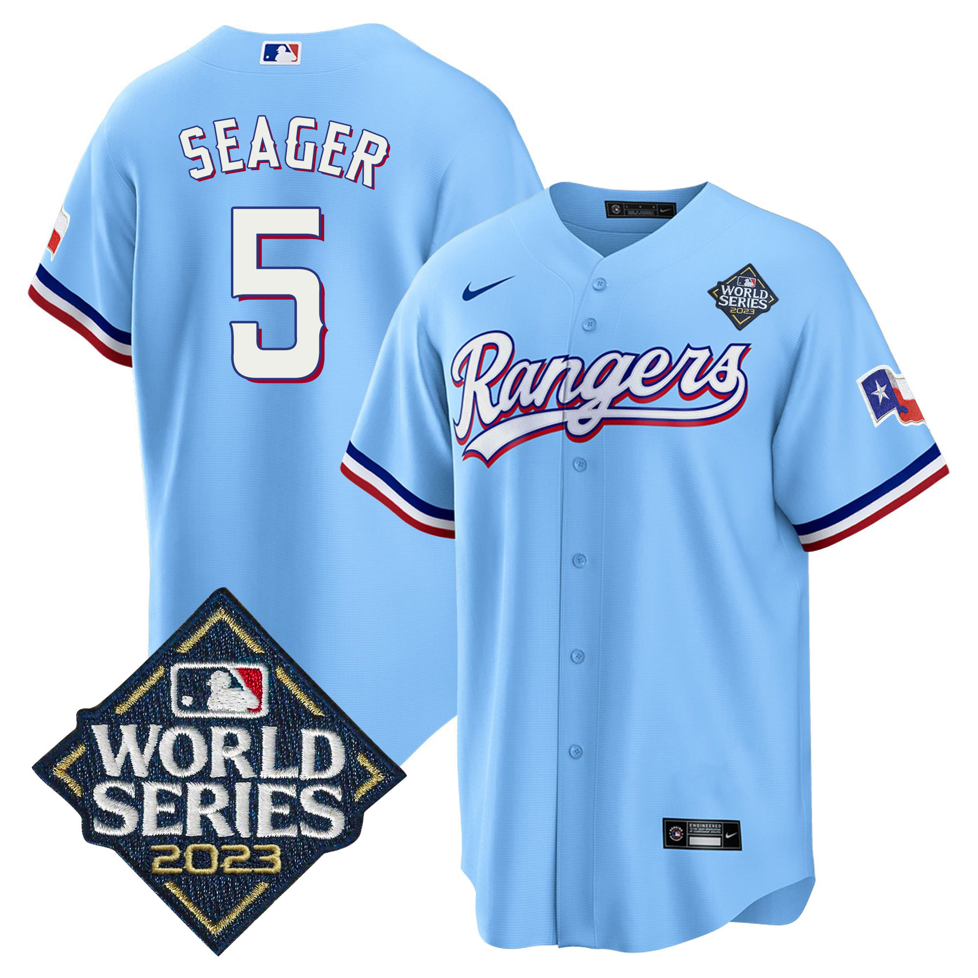Corey Seager Texas Rangers 2023 World Series Cool Base Blue Jersey - All Stitched
