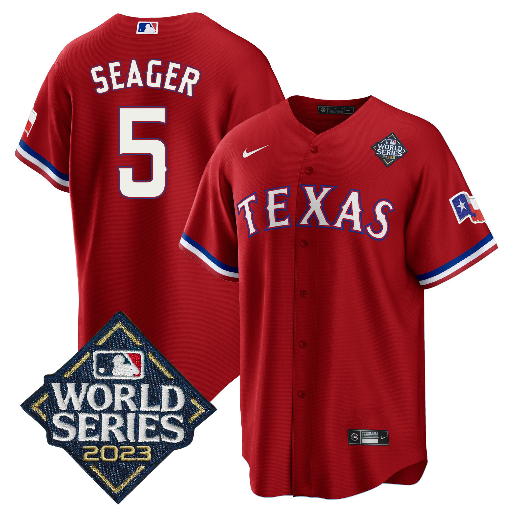 Corey Seager Texas Rangers 2023 World Series Cool Base Red Jersey - All Stitched