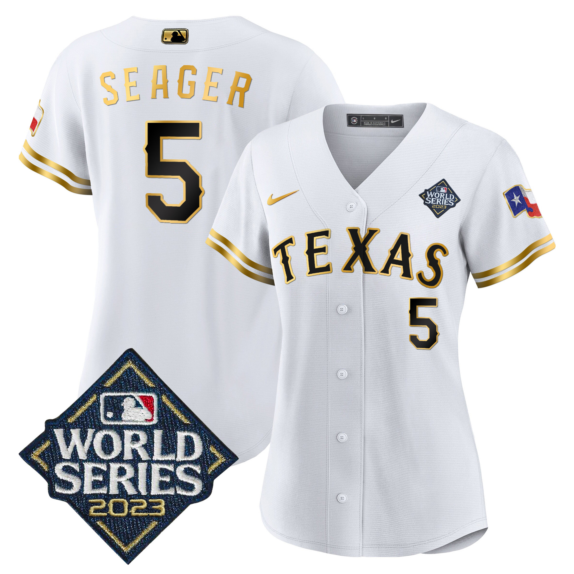 Corey Seager Women's Texas Rangers 2023 World Series Baseball V2 White Gold Jersey - All Stitched