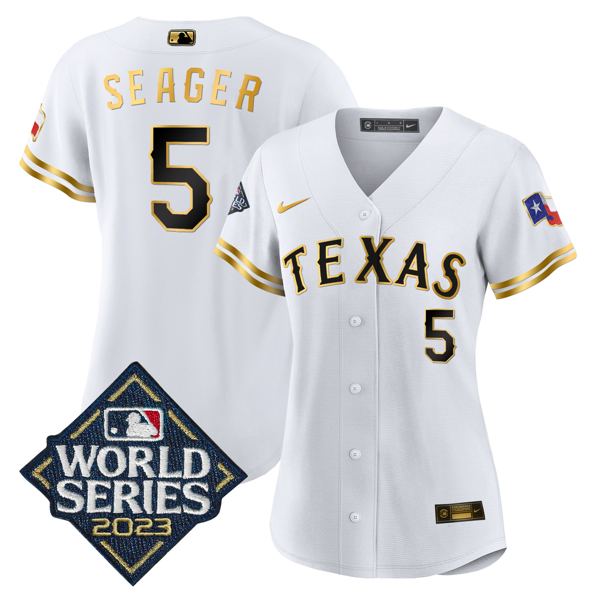 Corey Seager Women's Texas Rangers 2023 World Series Baseball White Gold Jersey - All Stitched