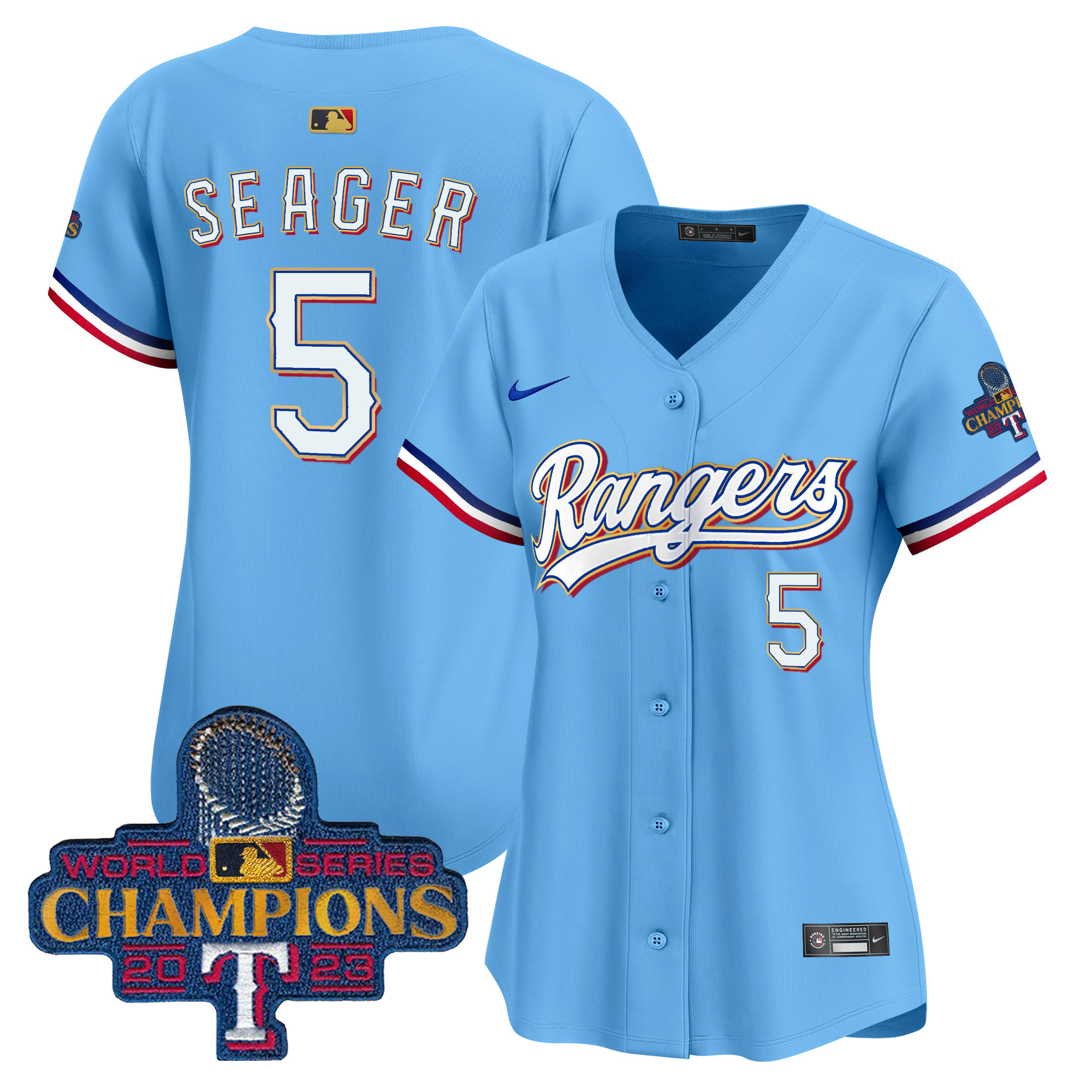 Corey Seager Women's Texas Rangers 2023 World Series Champions Gold Trim Vapor Premier Limited Blue Jersey - All Stitched