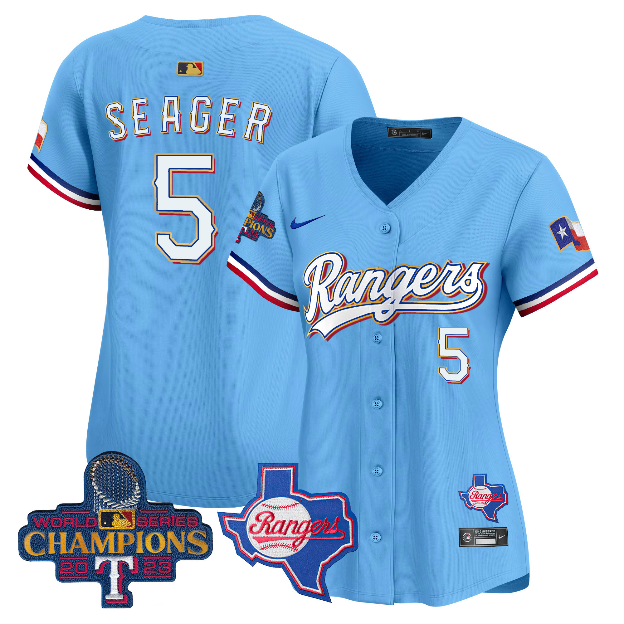 Corey Seager Women's Texas Rangers 2023 World Series Champions Gold Trim Vapor Premier Limited V2 Blue Jersey - All Stitched