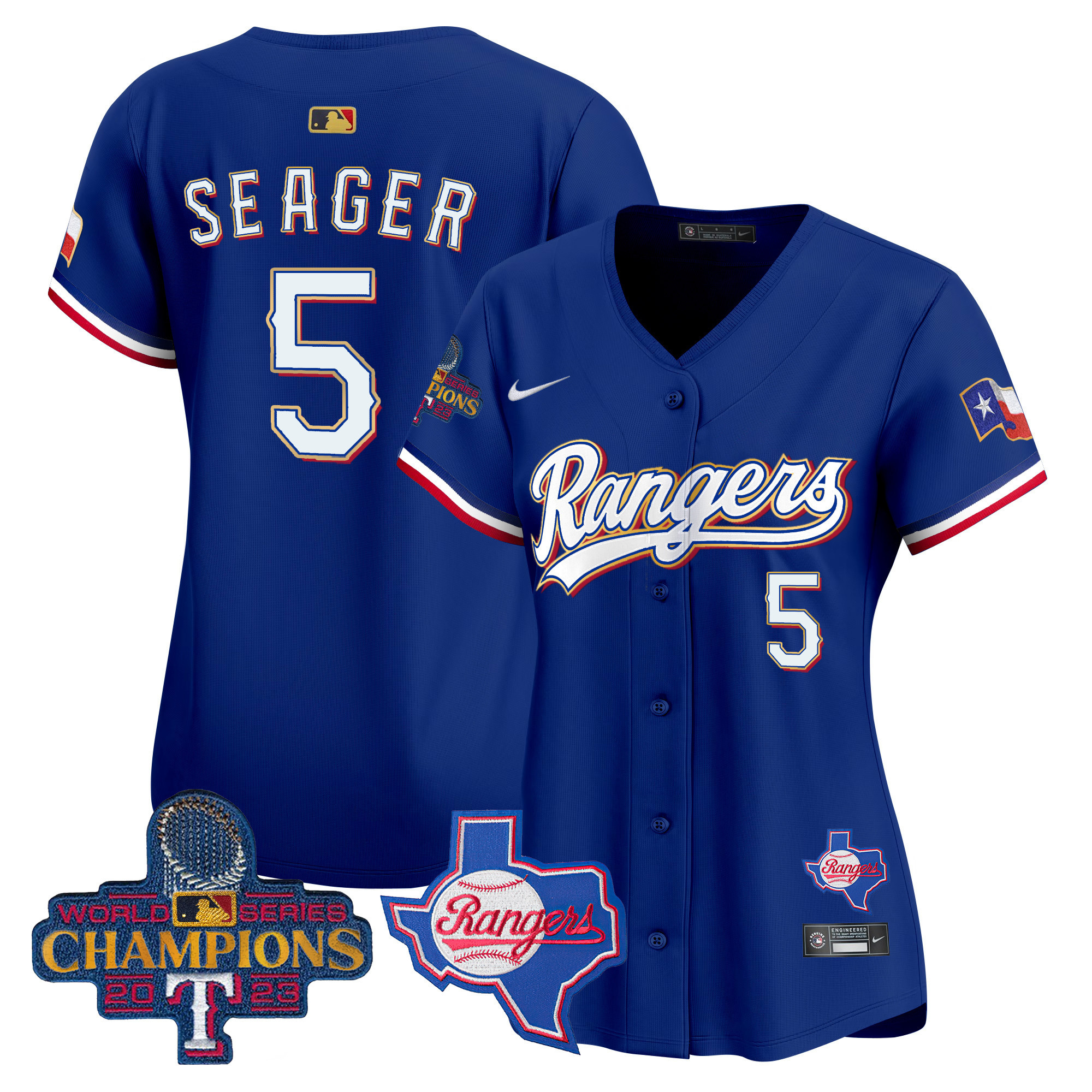 Corey Seager Women's Texas Rangers 2023 World Series Champions Gold Trim Vapor Premier Limited V2 Royal Jersey - All Stitched