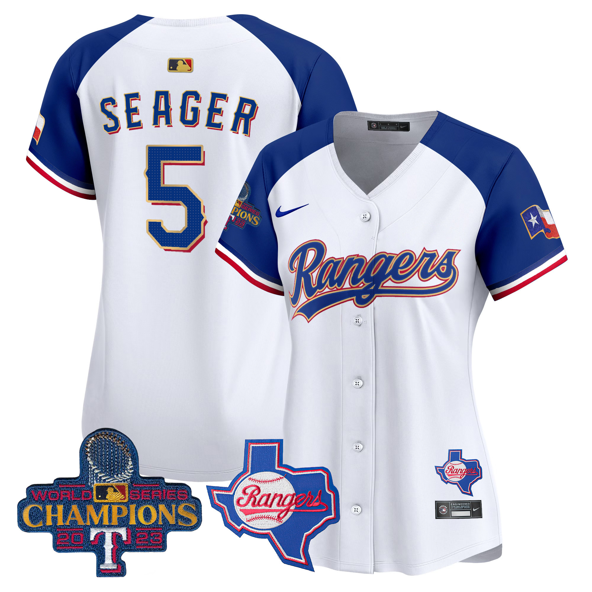 Corey Seager Women's Texas Rangers 2023 World Series Champions Gold Trim Vapor Premier Limited V2 White Alternate Jersey - All Stitched