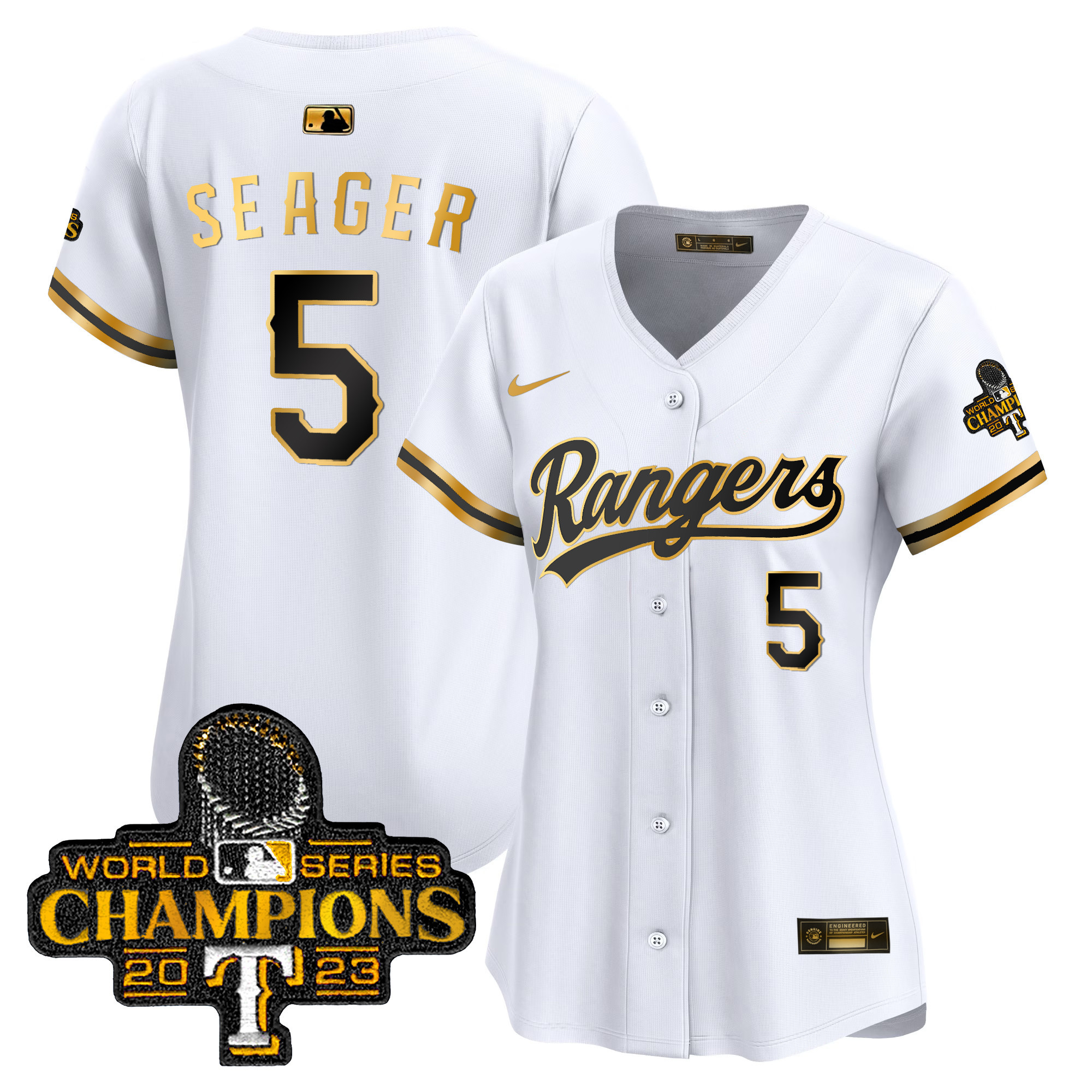 Corey Seager Women's Texas Rangers 2023 World Series Champions Gold Trim Vapor Premier Limited White Gold Jersey - All Stitched