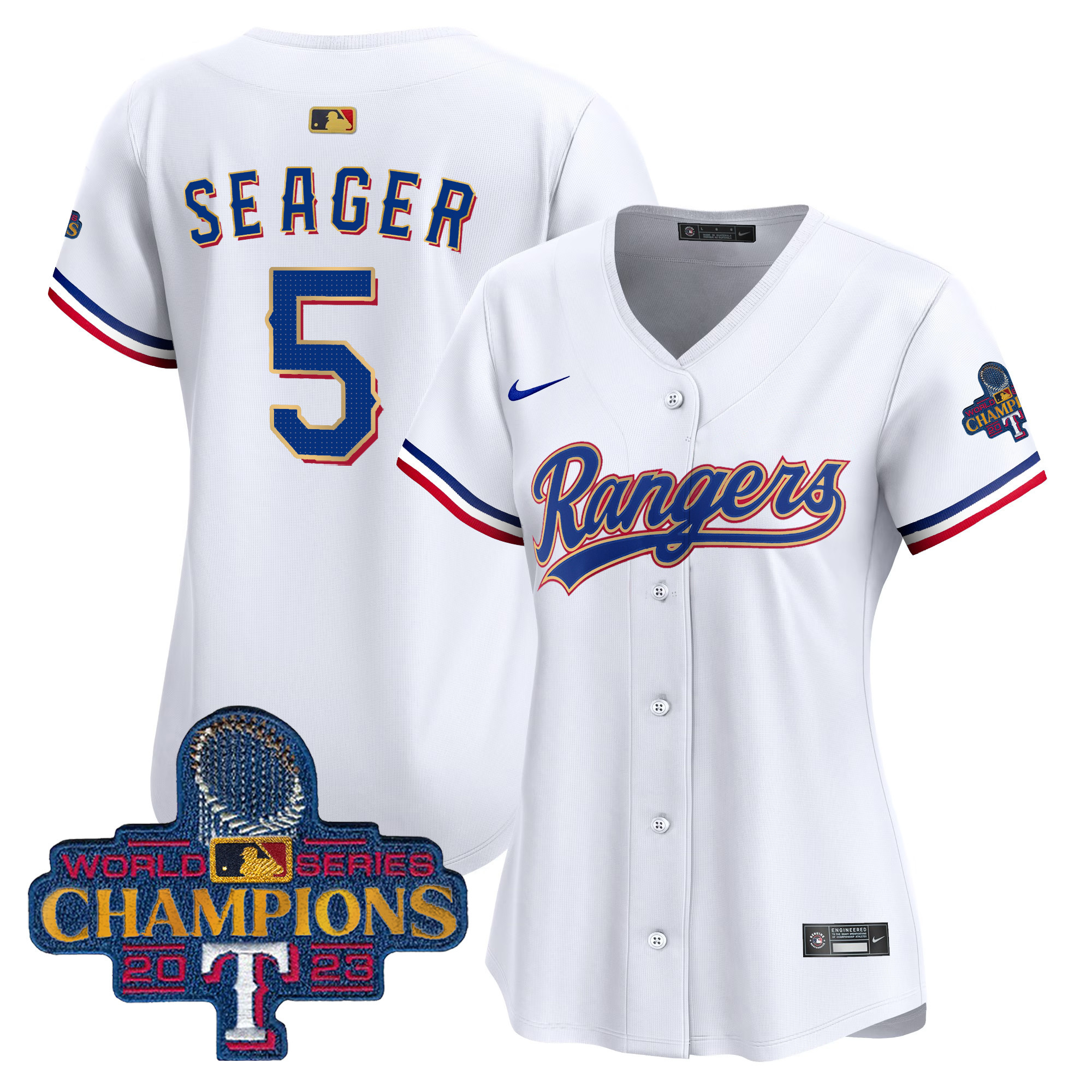 Corey Seager Women's Texas Rangers 2023 World Series Champions Gold Trim Vapor Premier Limited White Jersey - All Stitched