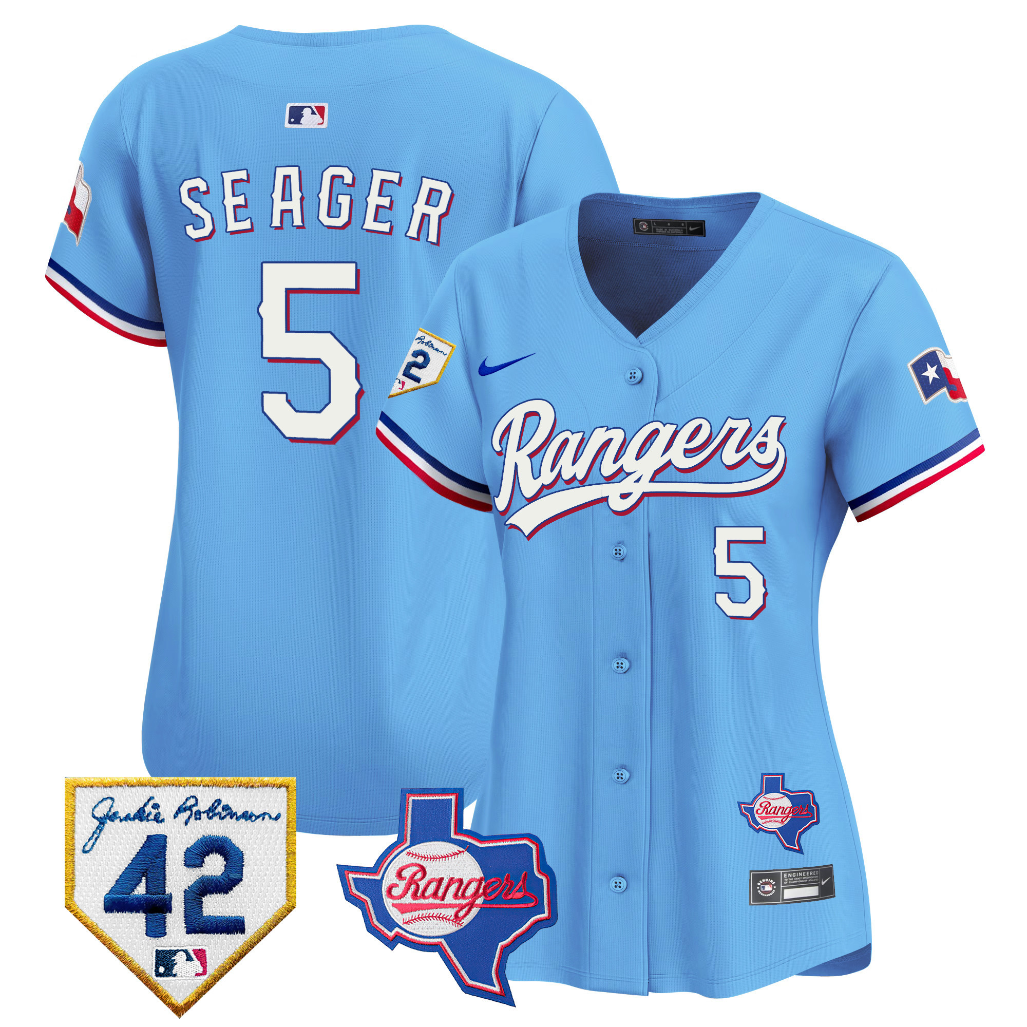 Corey Seager Women's Texas Rangers 2024 Jackie Robinson Patch Vapor Premier Limited Blue Jersey - All Stitched