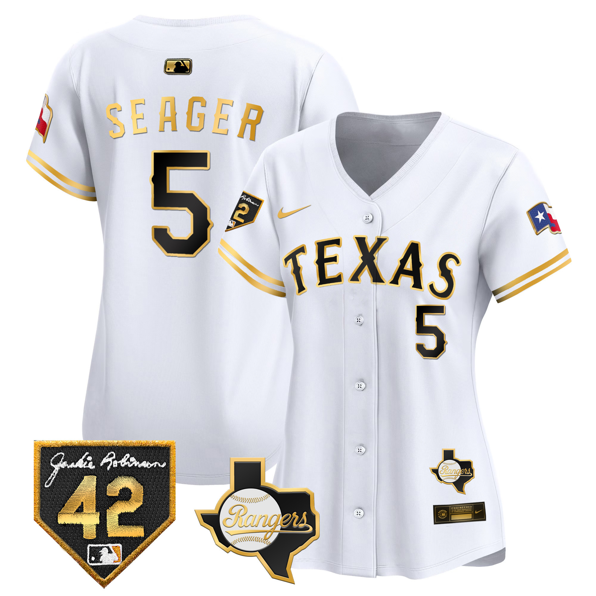 Corey Seager Women's Texas Rangers 2024 Jackie Robinson Patch Vapor Premier Limited White Gold Jersey - All Stitched
