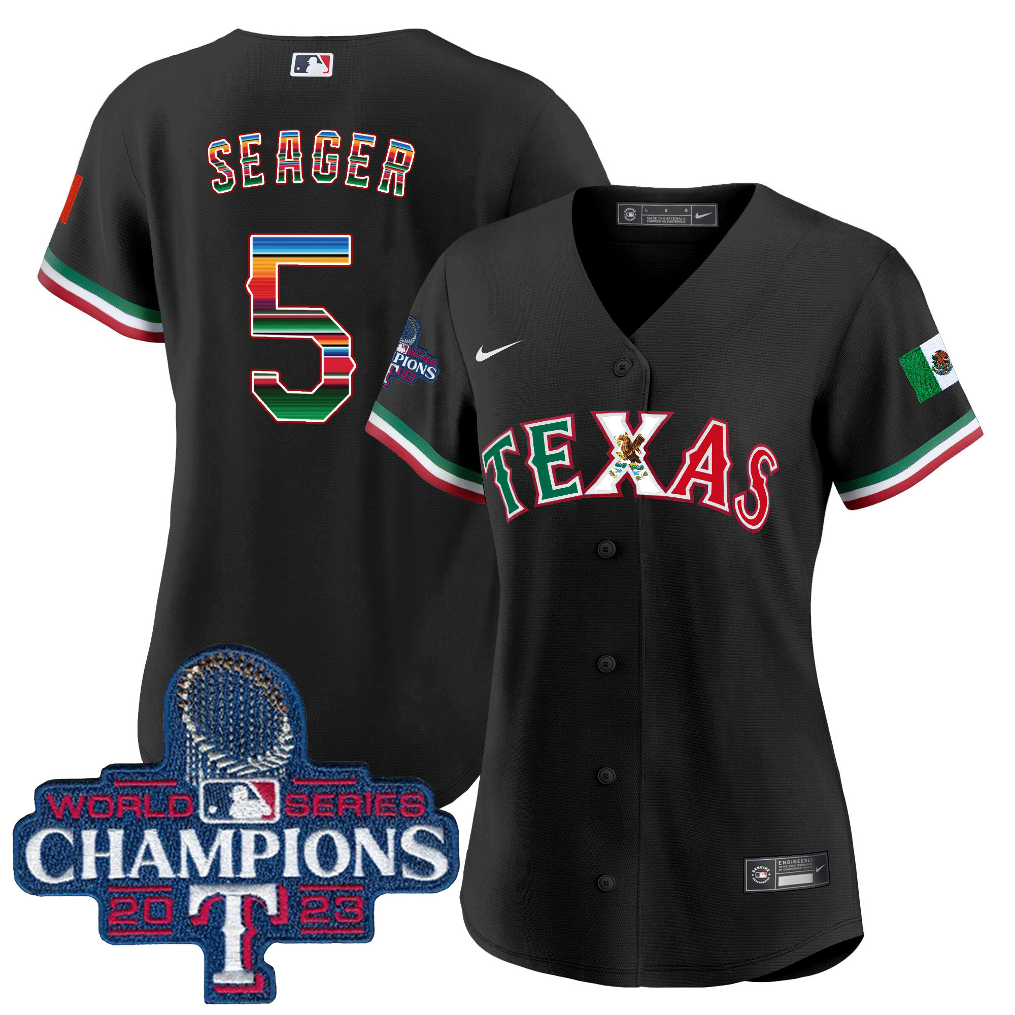 Corey Seager Women's Texas Rangers Mexico 2023 World Series Champions Baseball V2 Black Jersey - All Stitched