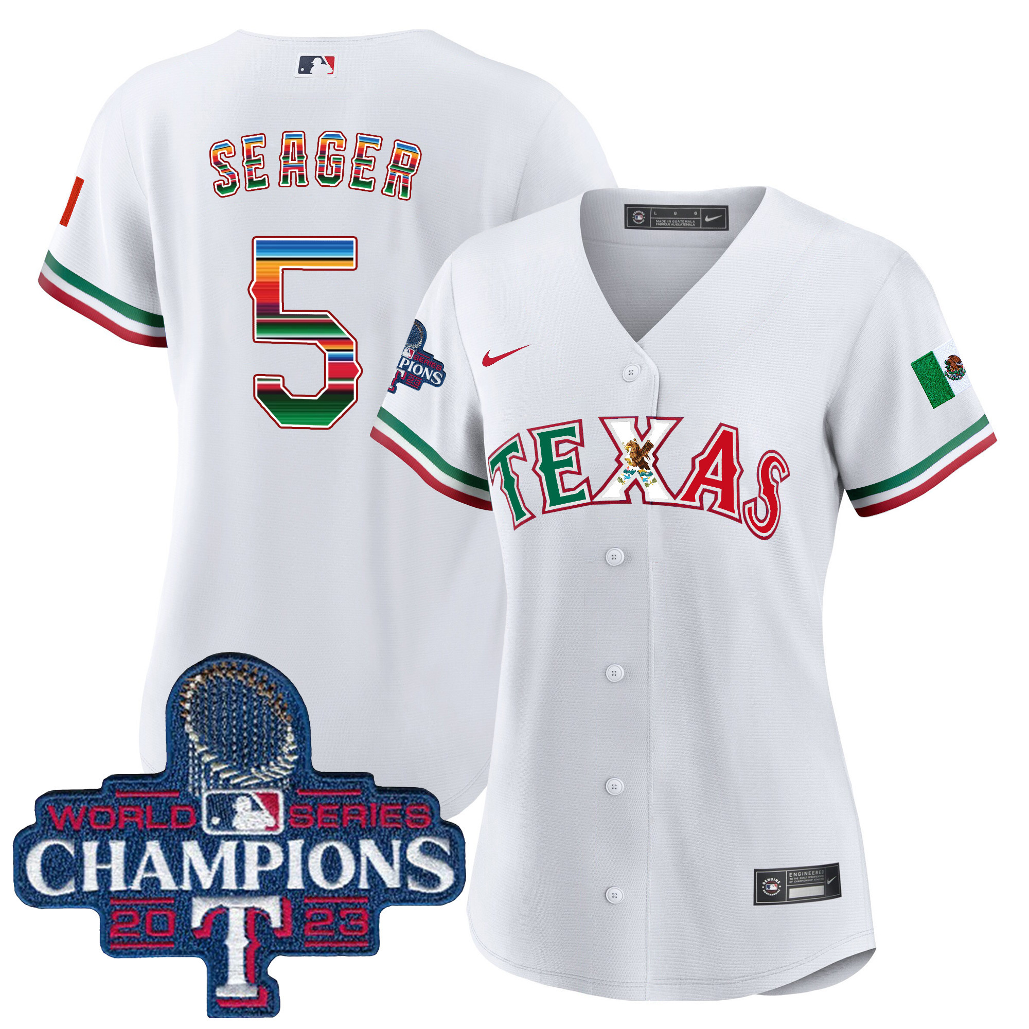 Corey Seager Women's Texas Rangers Mexico 2023 World Series Champions Baseball V2 White Jersey - All Stitched