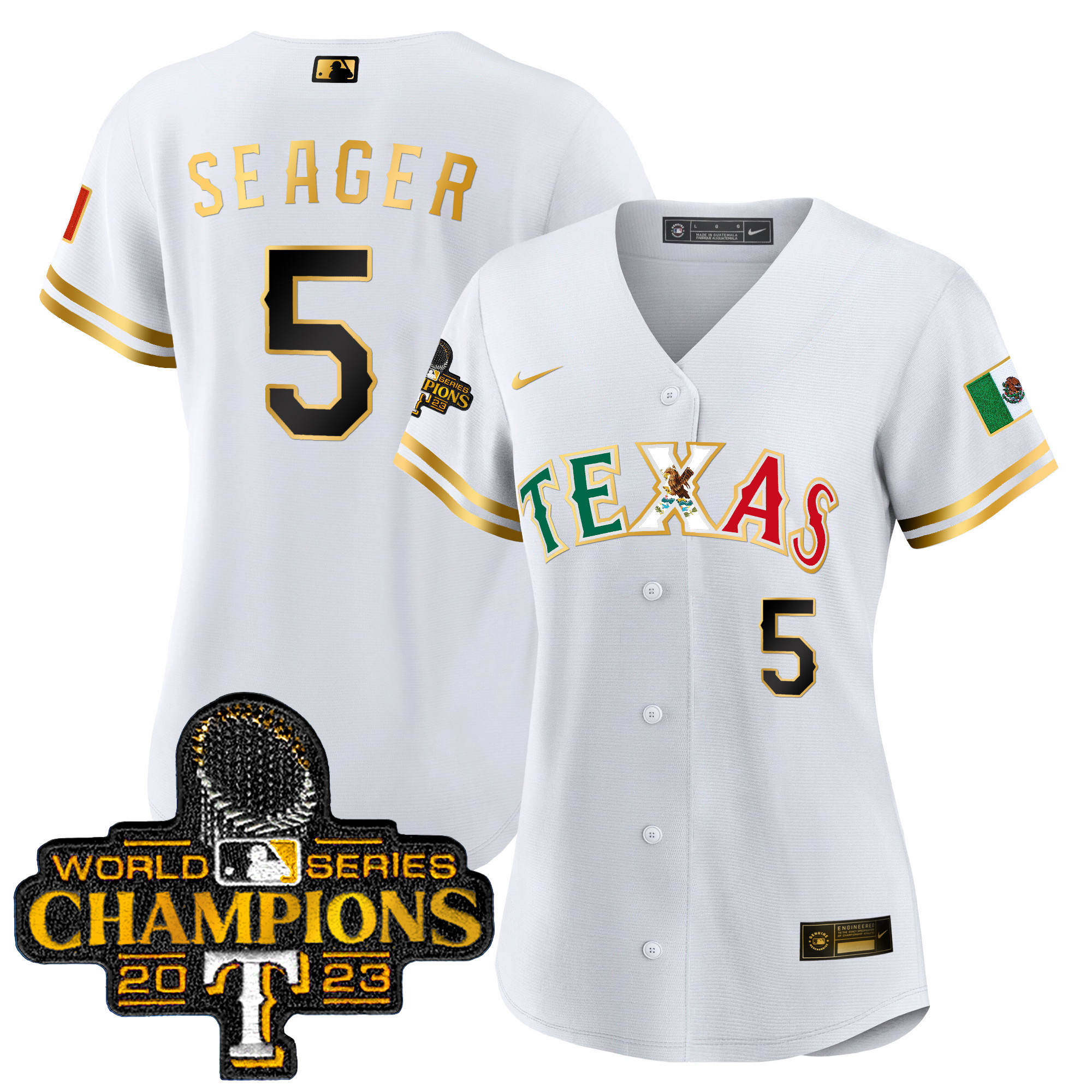 Corey Seager Women's Texas Rangers Mexico 2023 World Series Champions Baseball White Gold Jersey - All Stitched