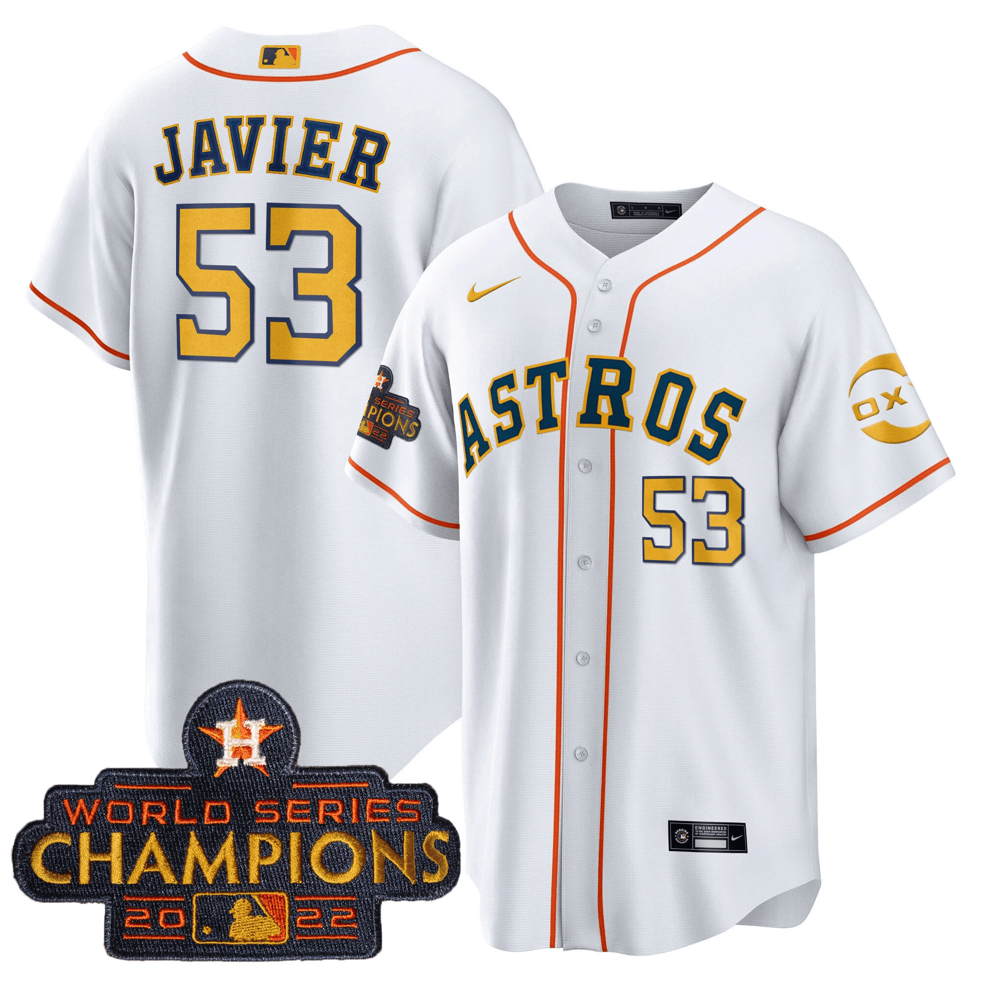 Cristian Javier Houston Astros 2022 Champions Gold Rush Oxy Patch Cool Base Jersey - All Stitched