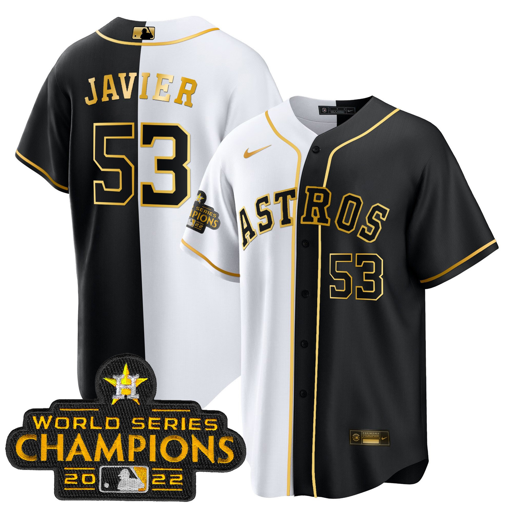 Cristian Javier Men's Houston Astros 2023 Champions Gold Split Cool B&W Jersey - All Stitched