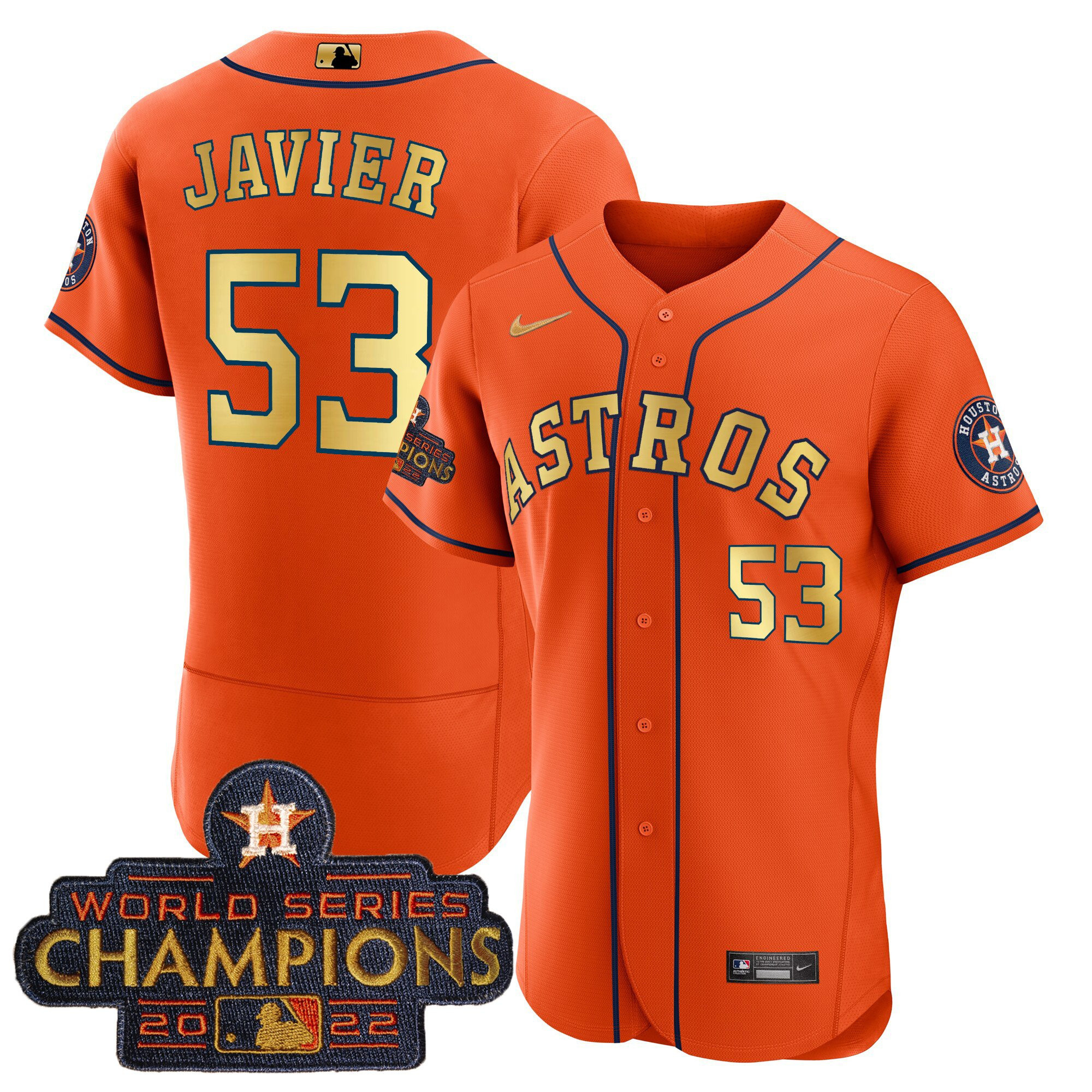 Cristian Javier Men's Houston Astros 2023 Champions Orange Gold Flex Base Jersey - All Stitched