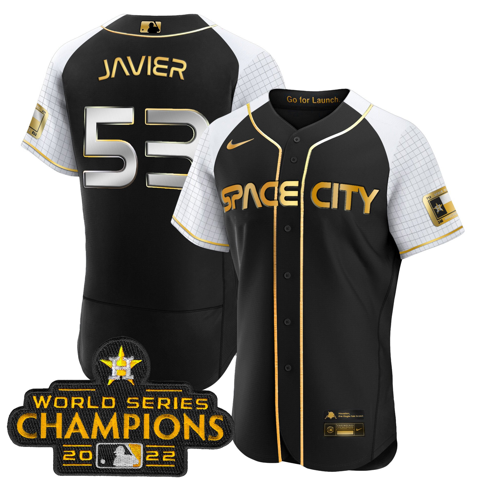 Cristian Javier Men's Houston Astros 2023 Space City Champions Alternate Flex Black Gold Jersey - All Stitched