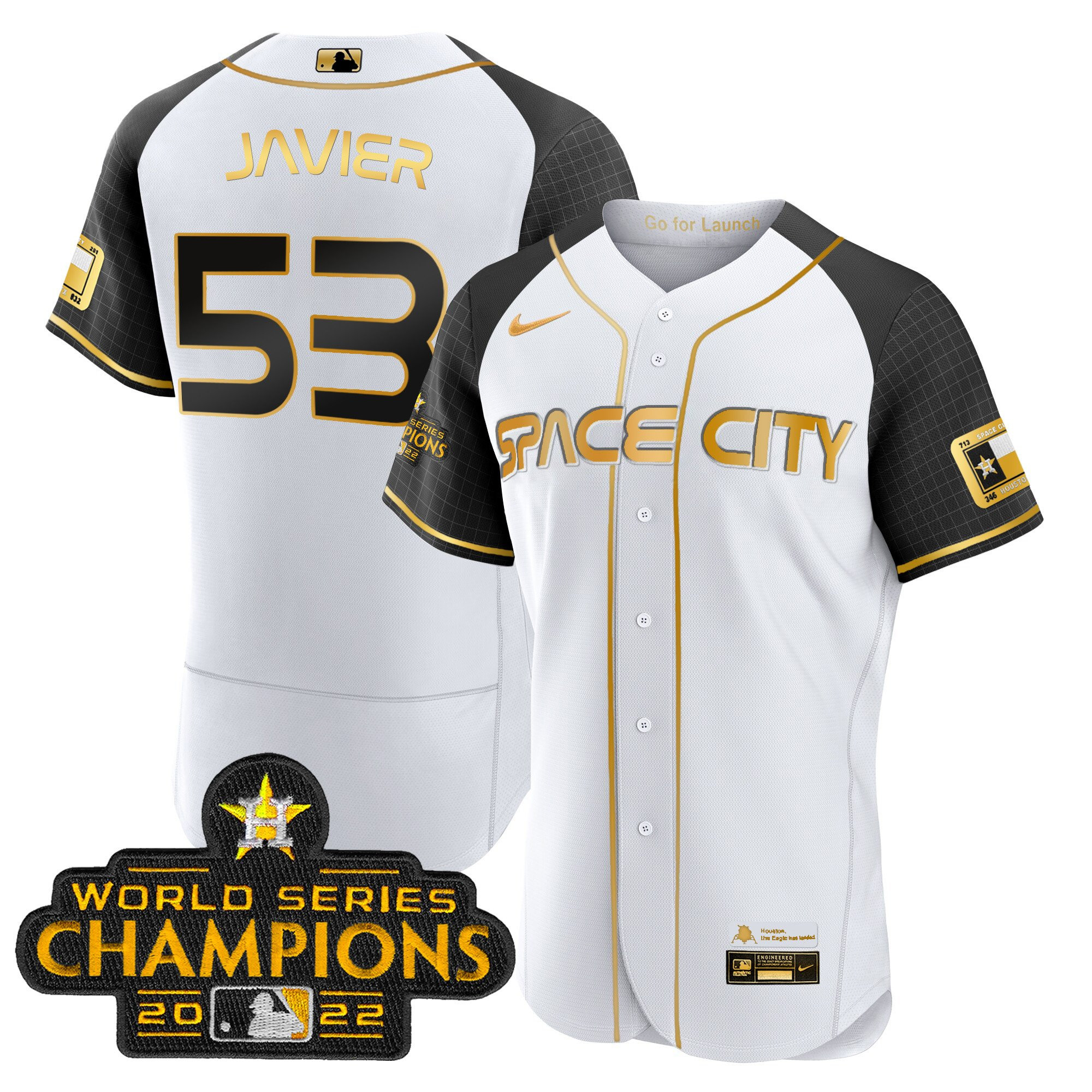 Cristian Javier Men's Houston Astros 2023 Space City Champions Alternate Flex White Gold Jersey - All Stitched