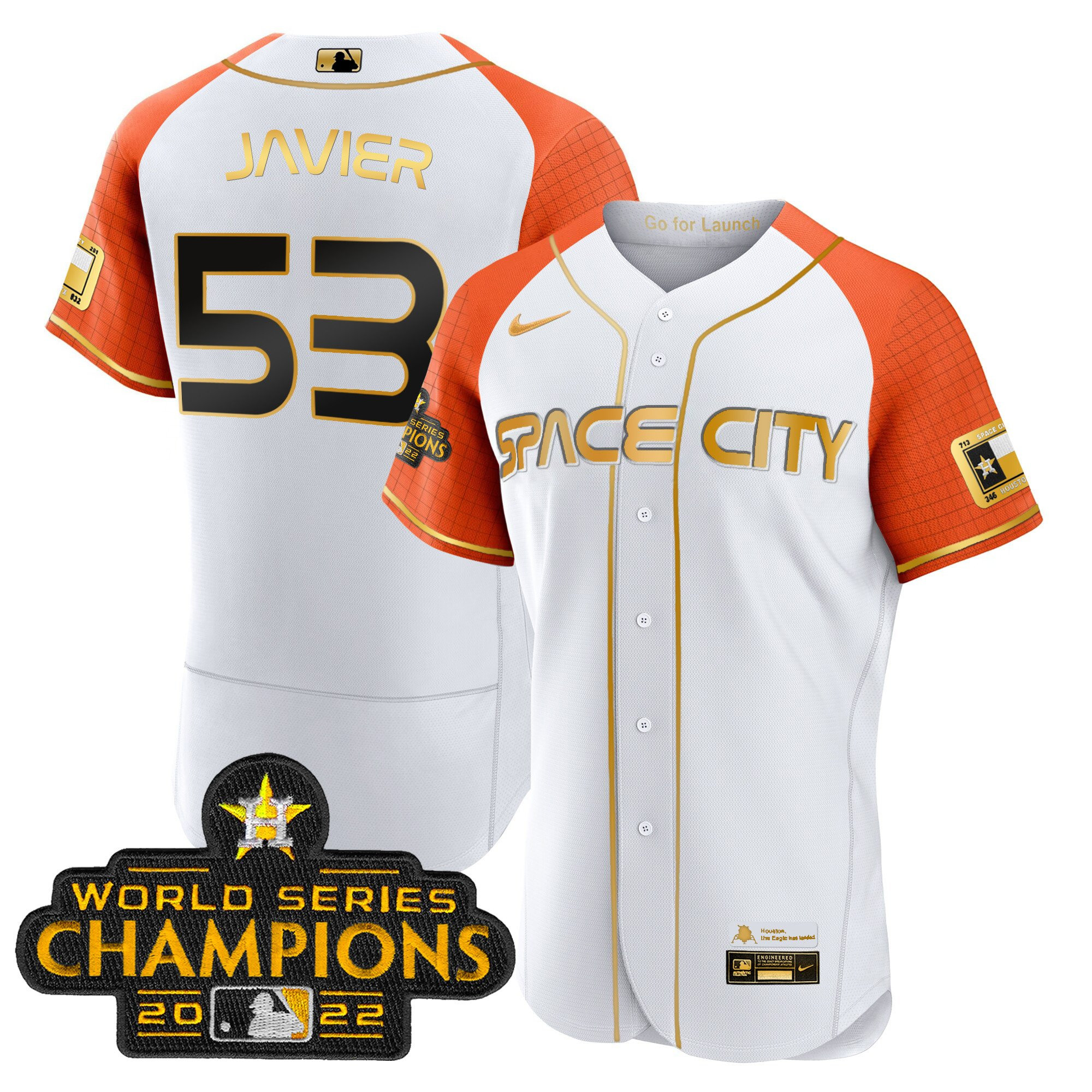 Cristian Javier Men's Houston Astros 2023 Space City Champions Alternate Flex White Gold V2 Jersey - All Stitched