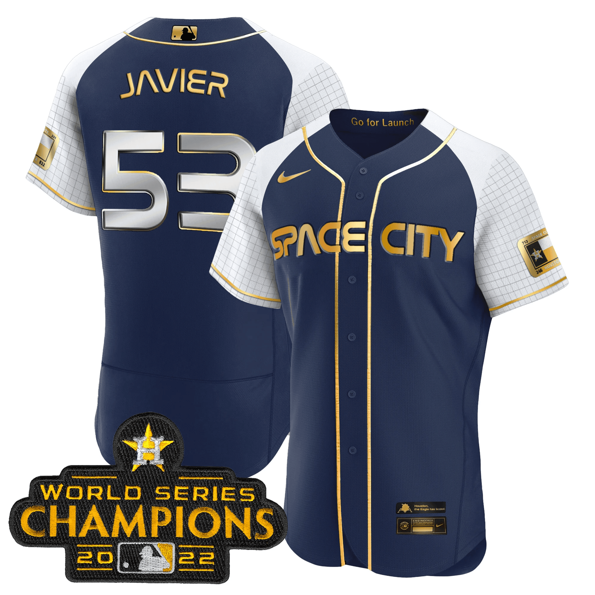 Cristian Javier Men's Houston Astros 2023 Space City Champions Alternate Navy Flex Navy Gold Jersey - All Stitched