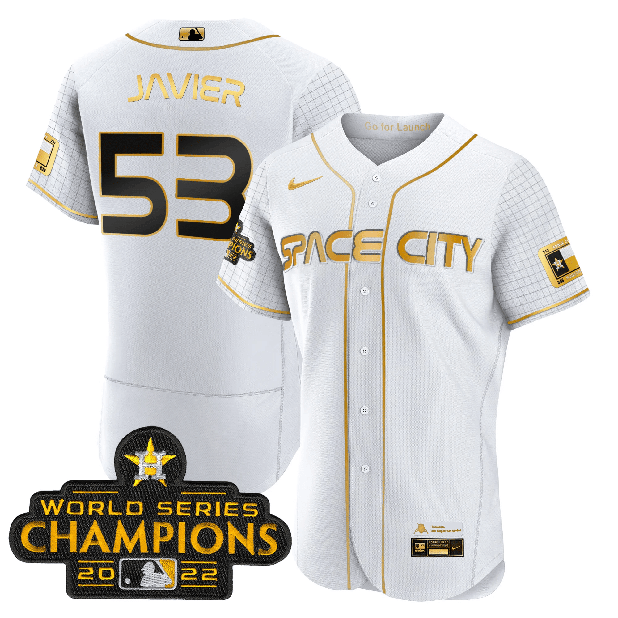 Cristian Javier Men's Houston Astros 2023 Space City Champions Flex White Gold Jersey - All Stitched