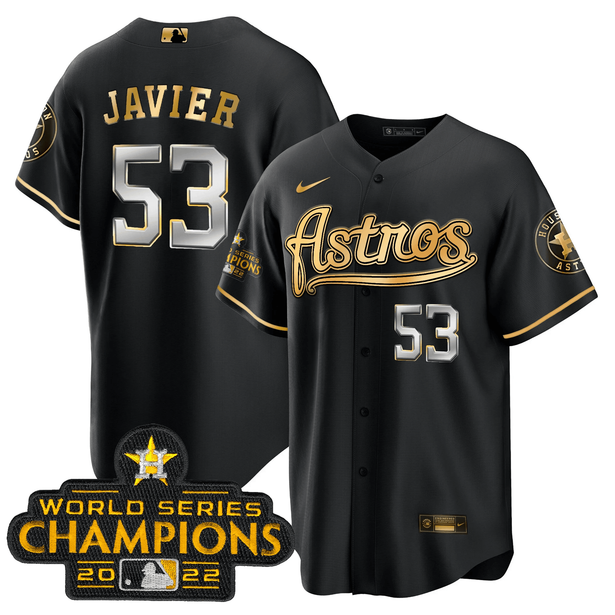 Cristian Javier Men's Houston Astros Champions & Throwback Patch Gold V2 Cool Black Jersey - All Stitched