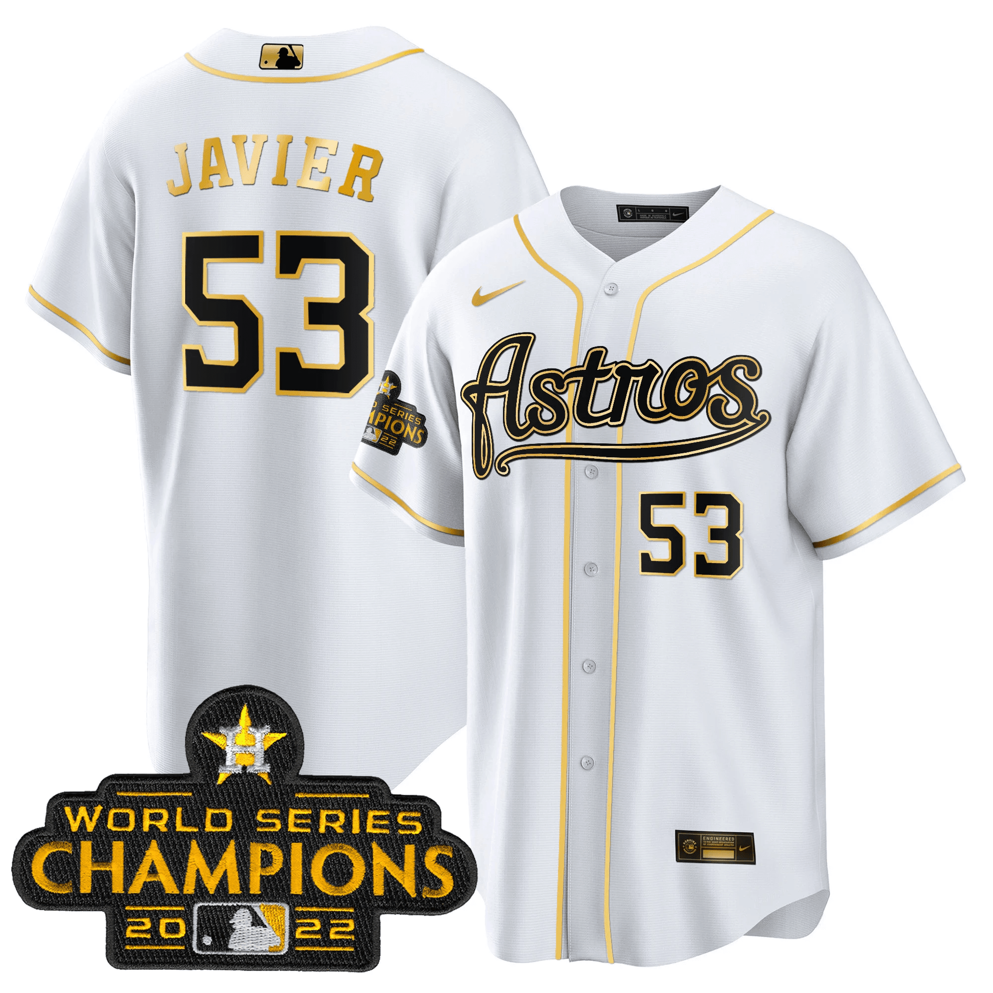 Cristian Javier Men's Houston Astros Champions & Throwback Patch Gold V2 Cool White Jersey - All Stitched
