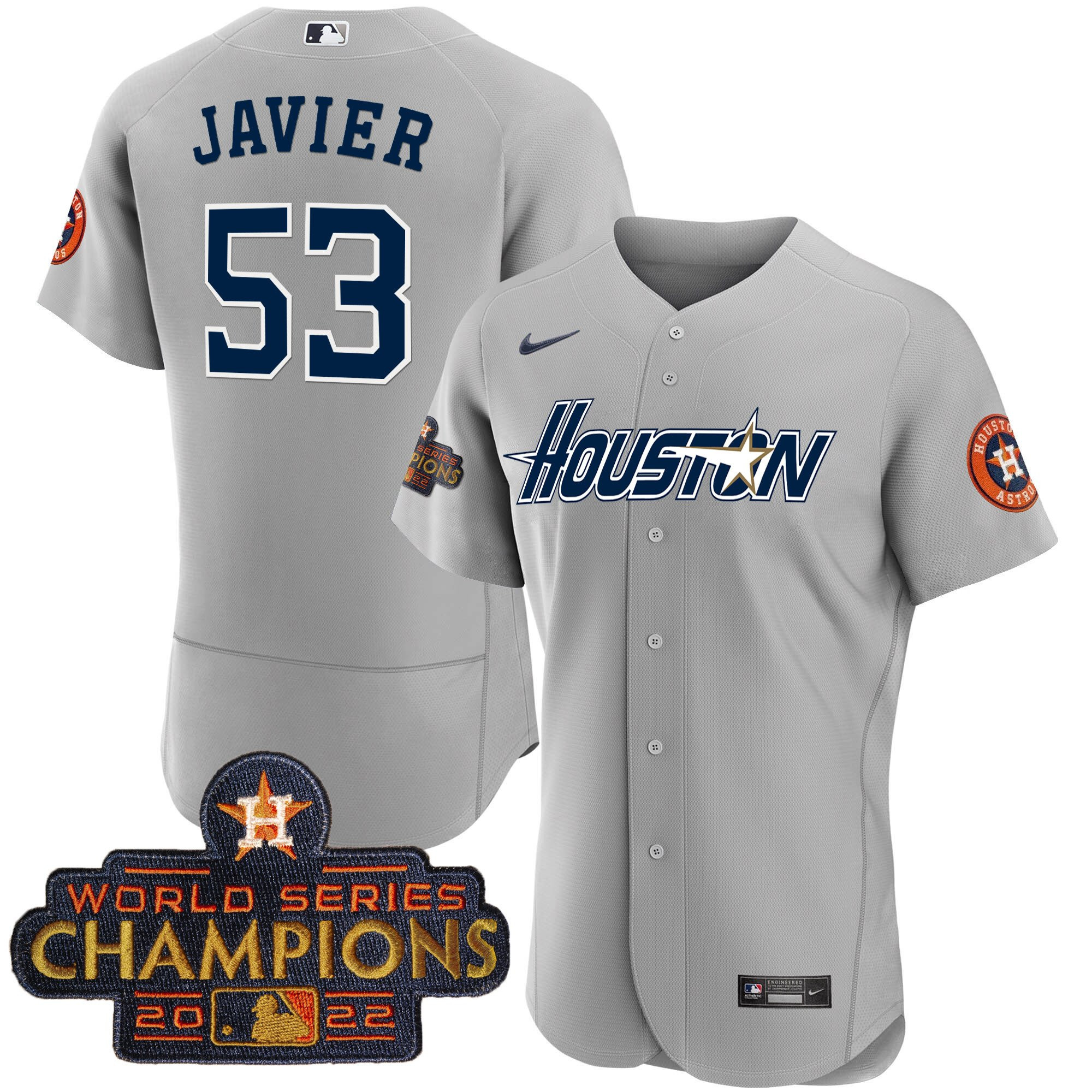 Cristian Javier Men's Houston Astros Gray & Gold 2023 Champions Patch Flex Gray Jersey - All Stitched