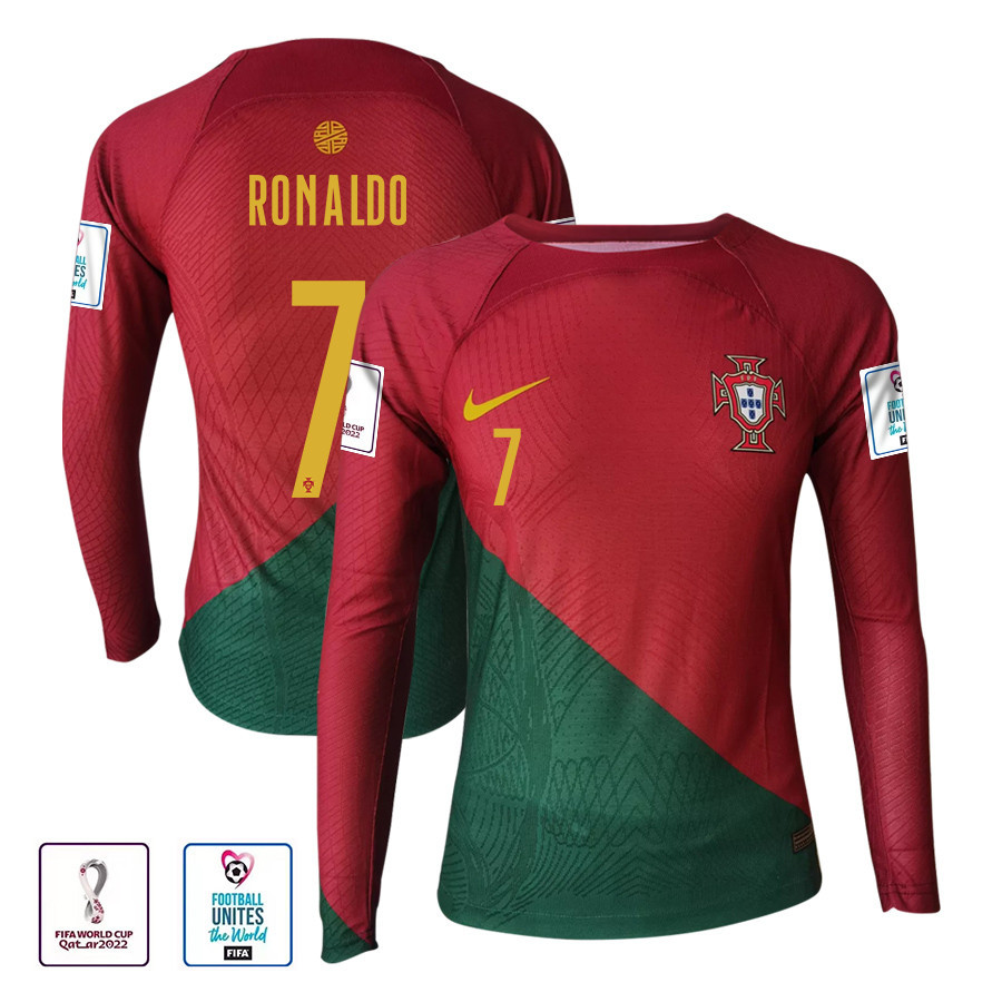 Cristiano Ronaldo 7 Portugal 2022-23 Home Men Long Sleeve Soccer Jersey National Team World Cup Qatar Patch