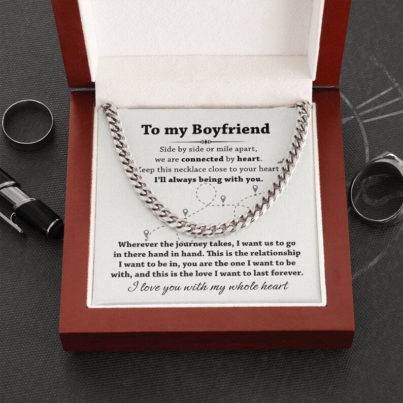 Cuban Link Chain Necklace For Boyfriend, To My Boyfriend, We Are Connected By Heart Boyfriend Long Distance Gift From Girlfriend