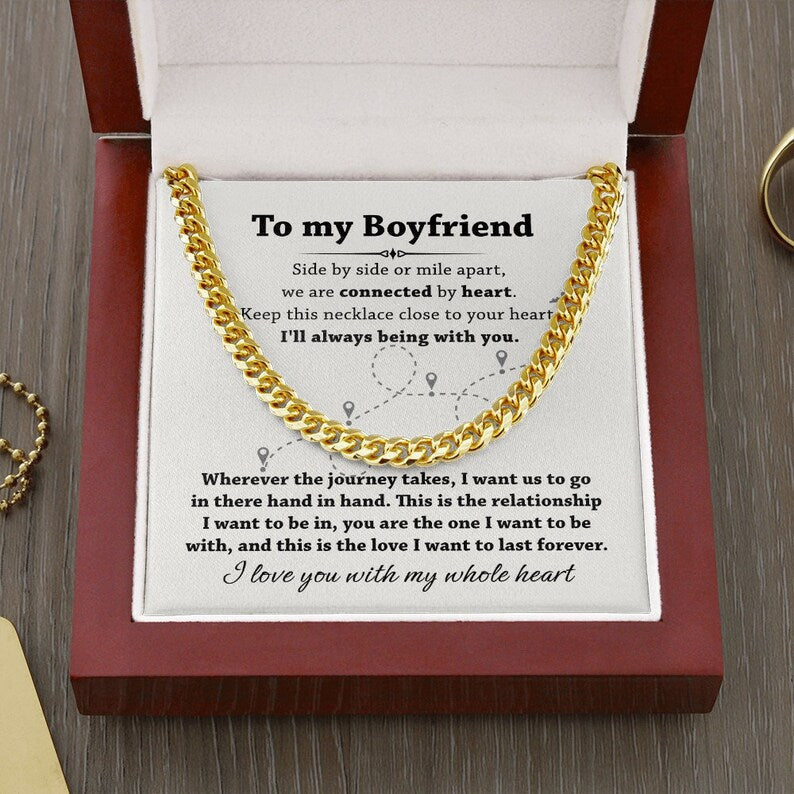Cuban Link Chain Necklace For Boyfriend, To My Boyfriend, We Are Connected By Heart Boyfriend Long Distance Gift From Girlfriend