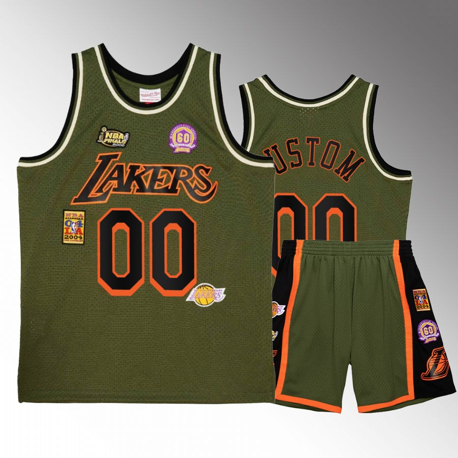 Custom #00 Los Angeles Lakers Military Flight patchs Green Shorts Set Jersey