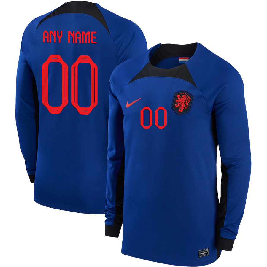 Custom 00 Netherlands National Team 2022-23 Qatar World Cup Away Long Sleeve Soccer Jersey, Men
